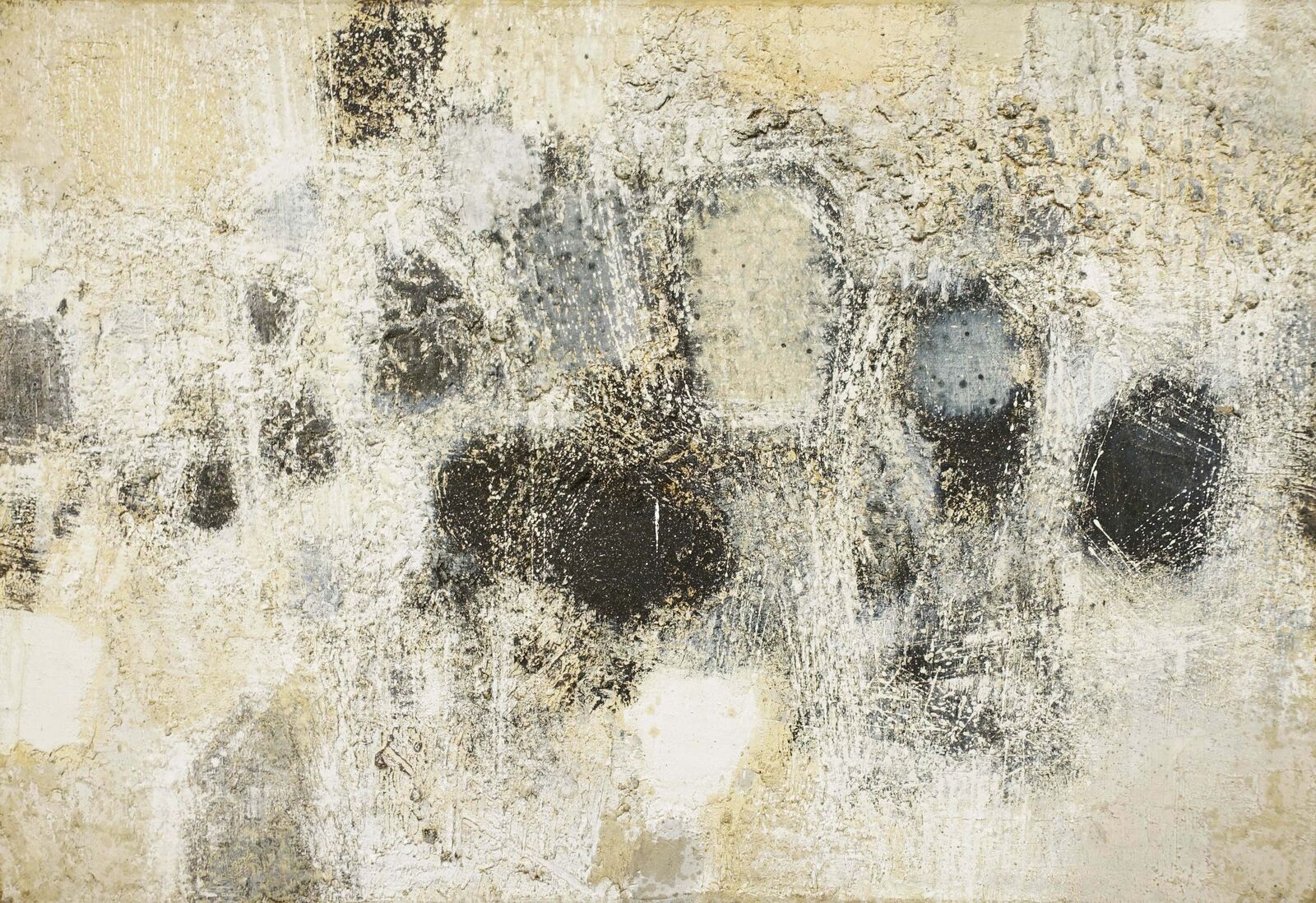 A painting with black and white paint on a beige background.