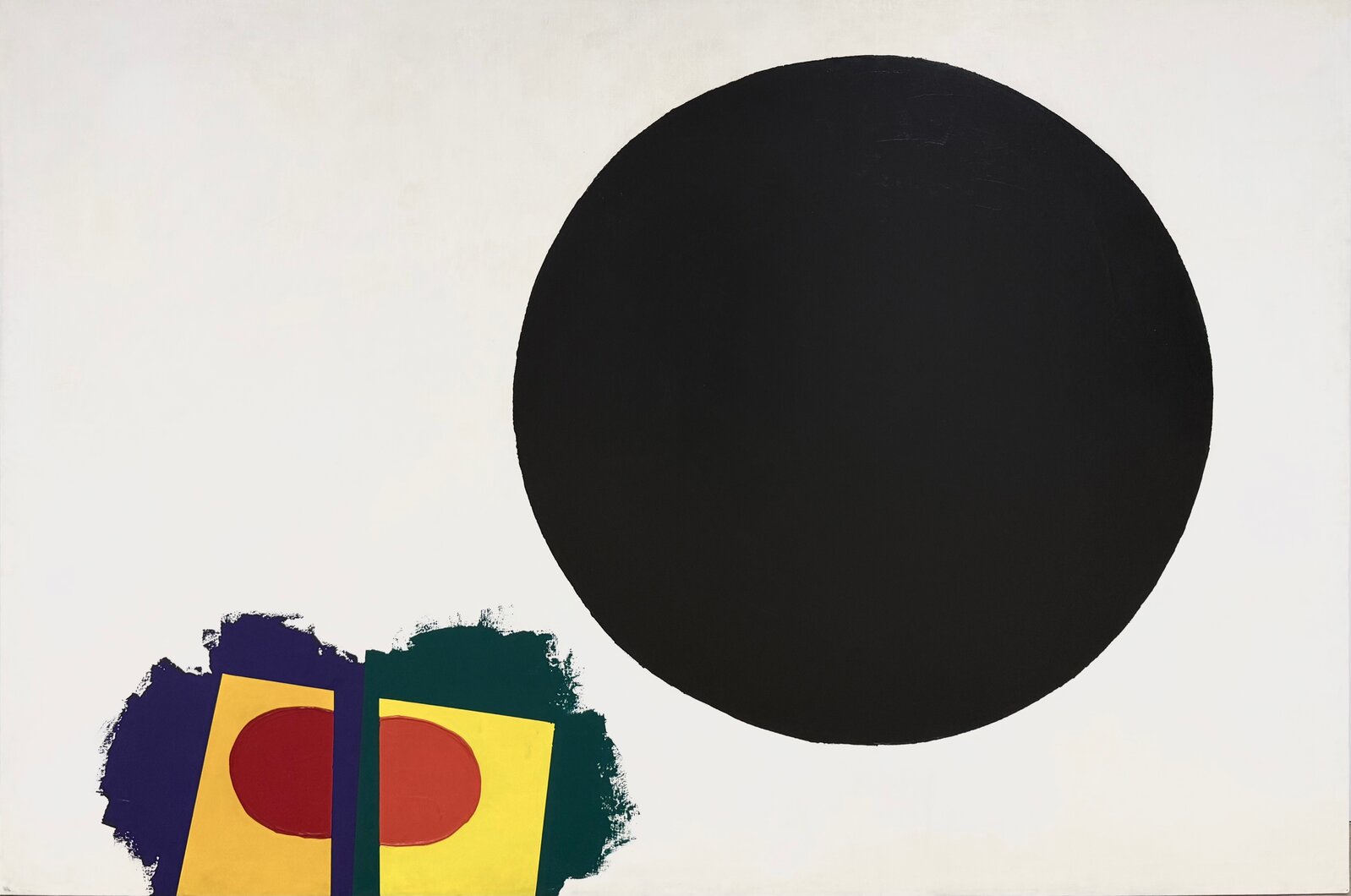 A minimalist composition featuring a large black circle and colorful geometric shapes against a white background.