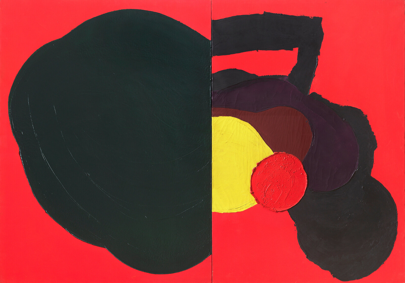 A bold abstract composition featuring a split composition of black and colorful shapes against a vibrant red background.