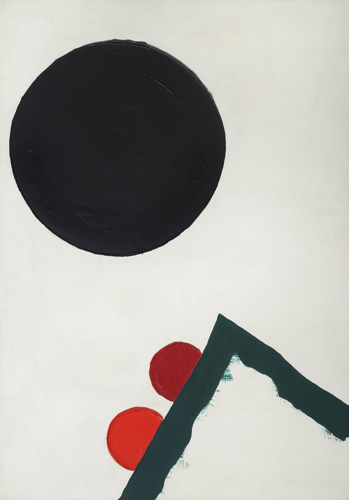 A painting with a black circle and two red circles on a white background.