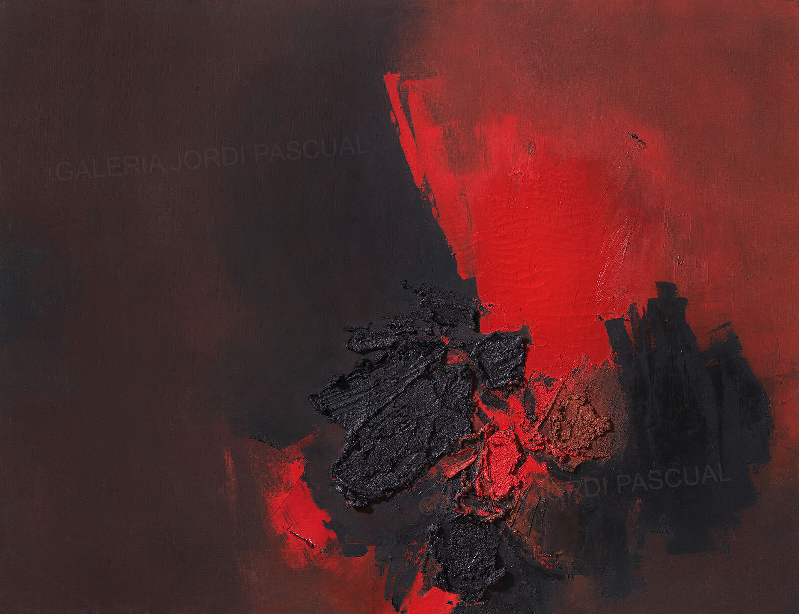A painting with red and black paint on a black background.