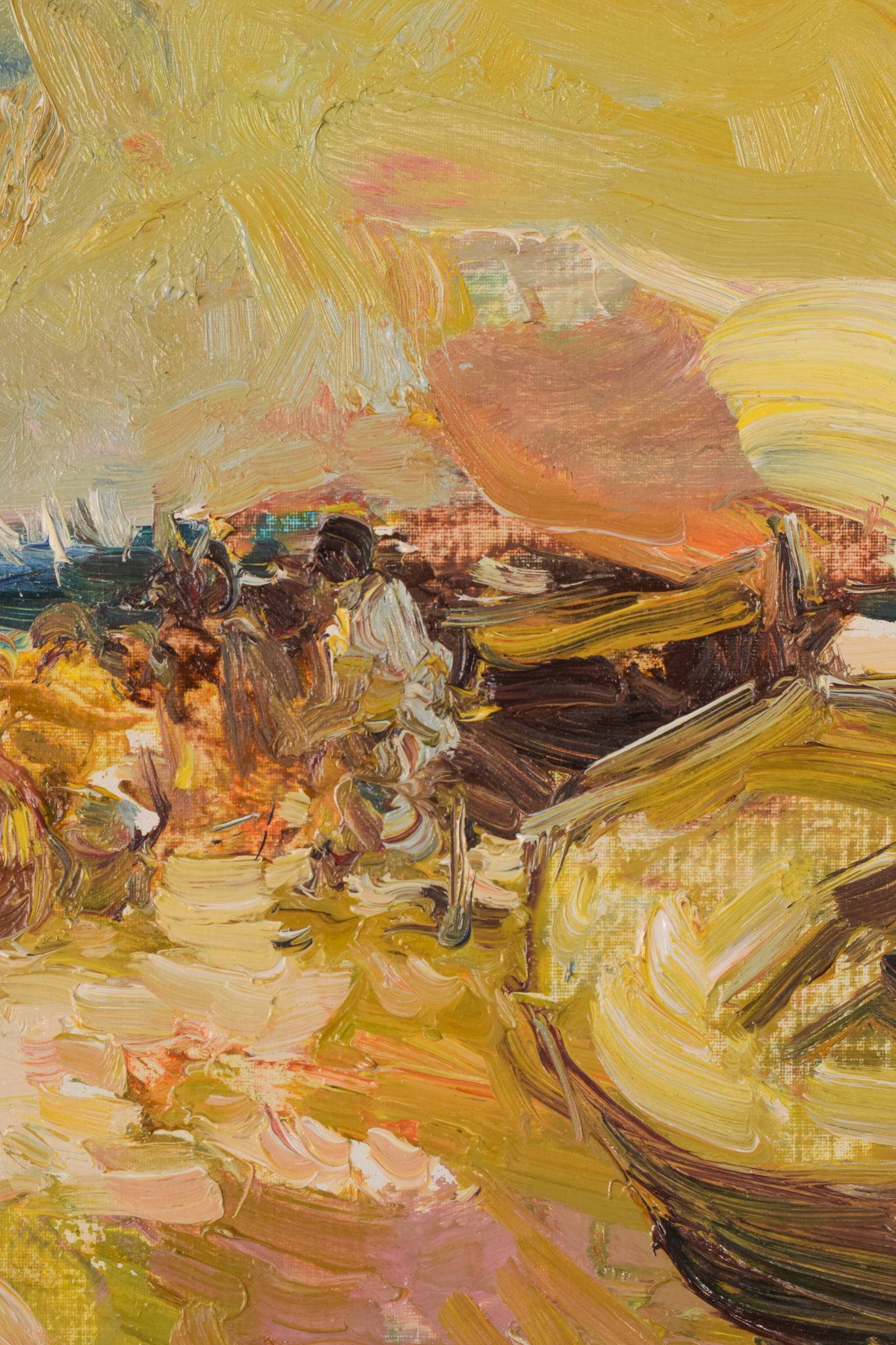 A painting of a group of people on a beach.