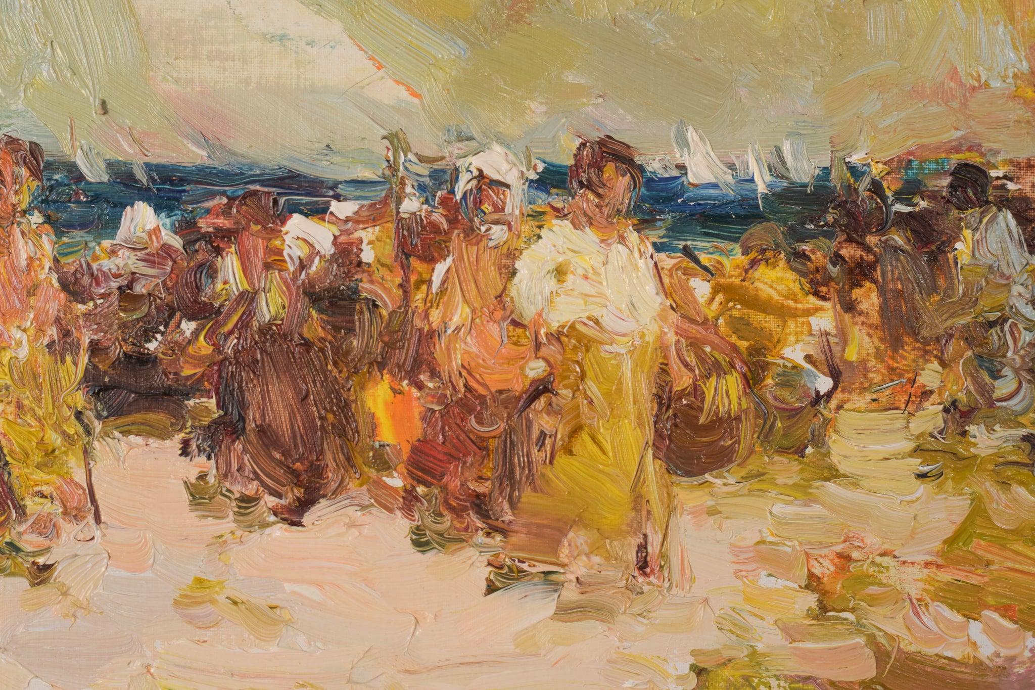 A painting of a group of people on a beach.