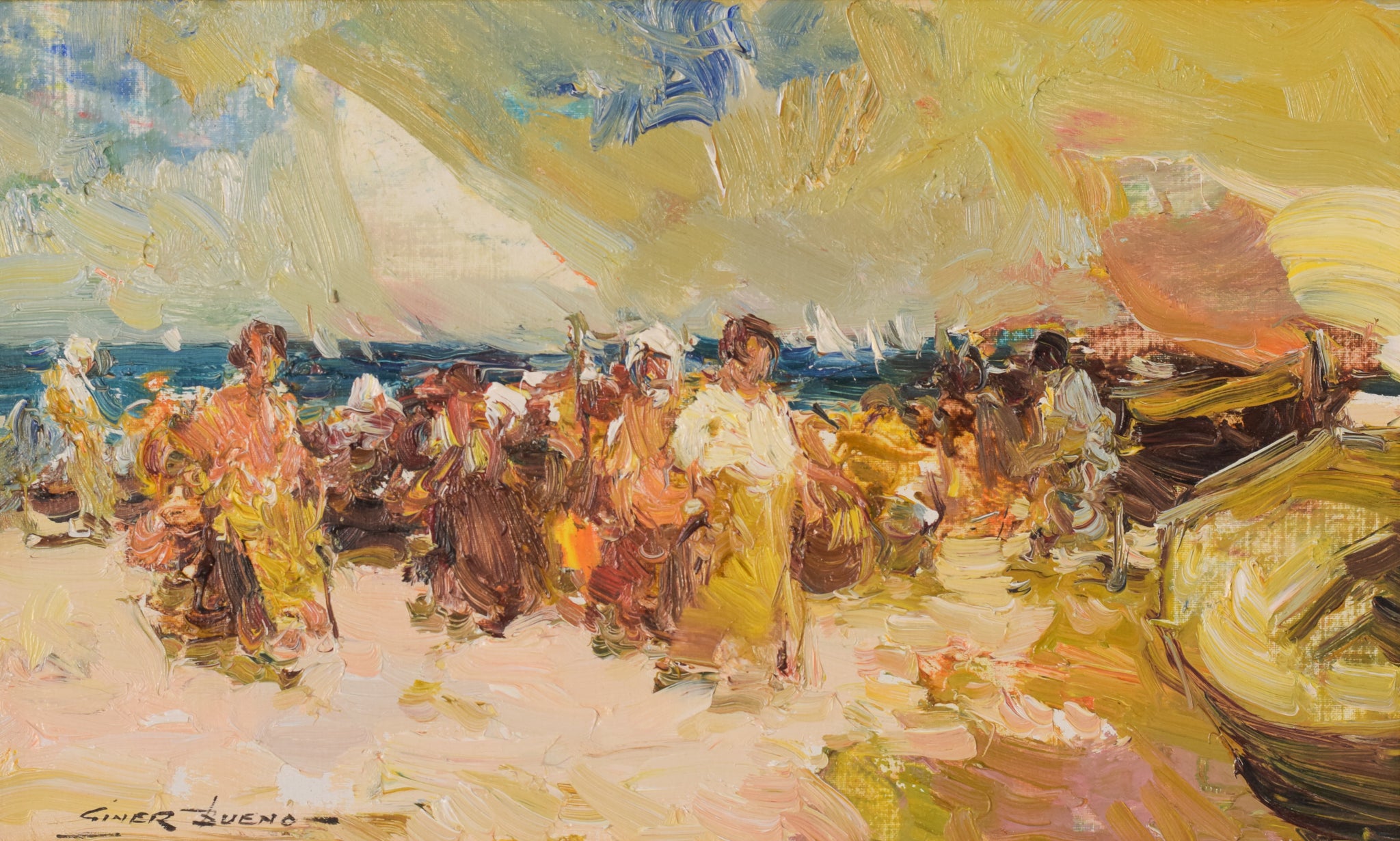 A painting of a group of people on a beach.