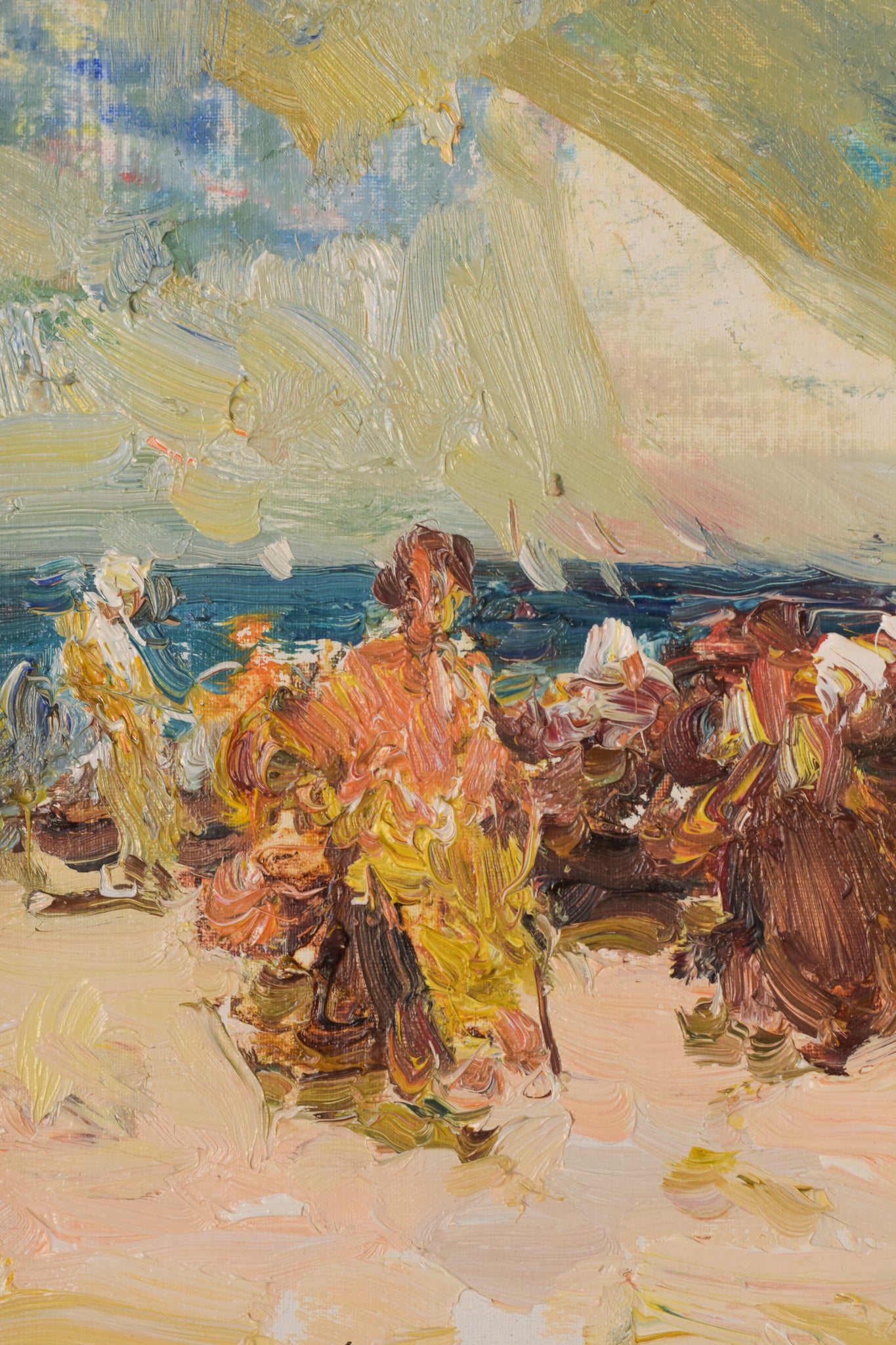 A painting of a group of people on a beach.