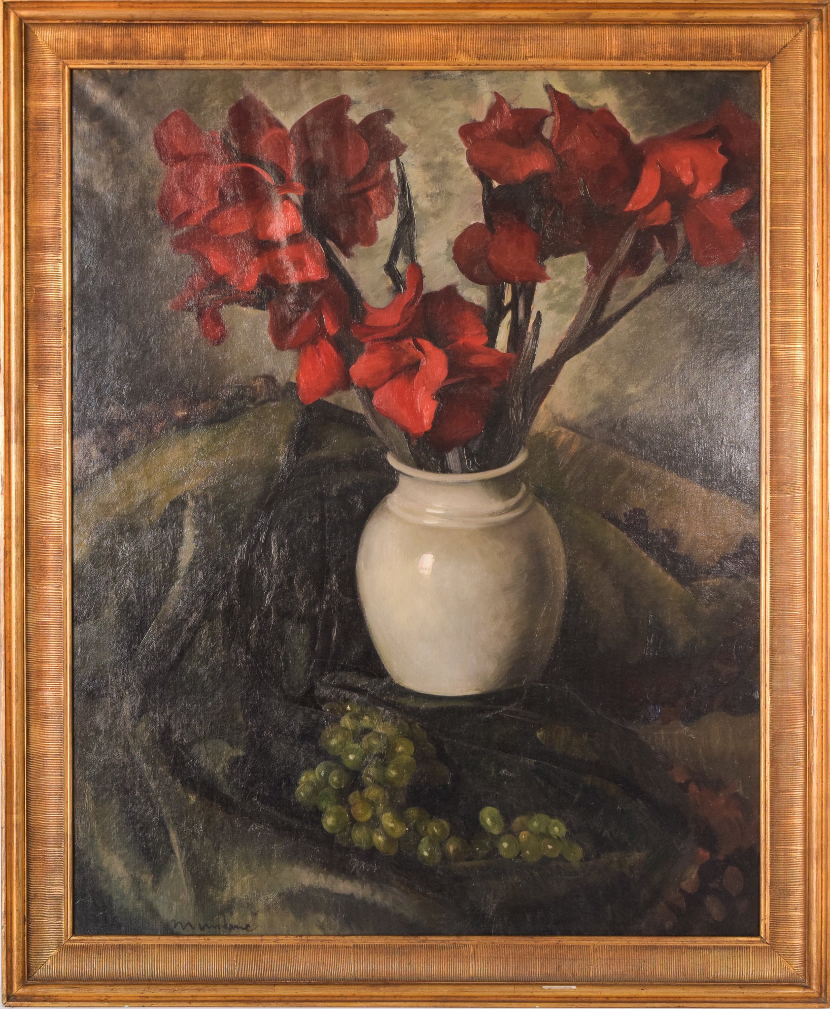 A painting of red flowers in a white vase on a table.