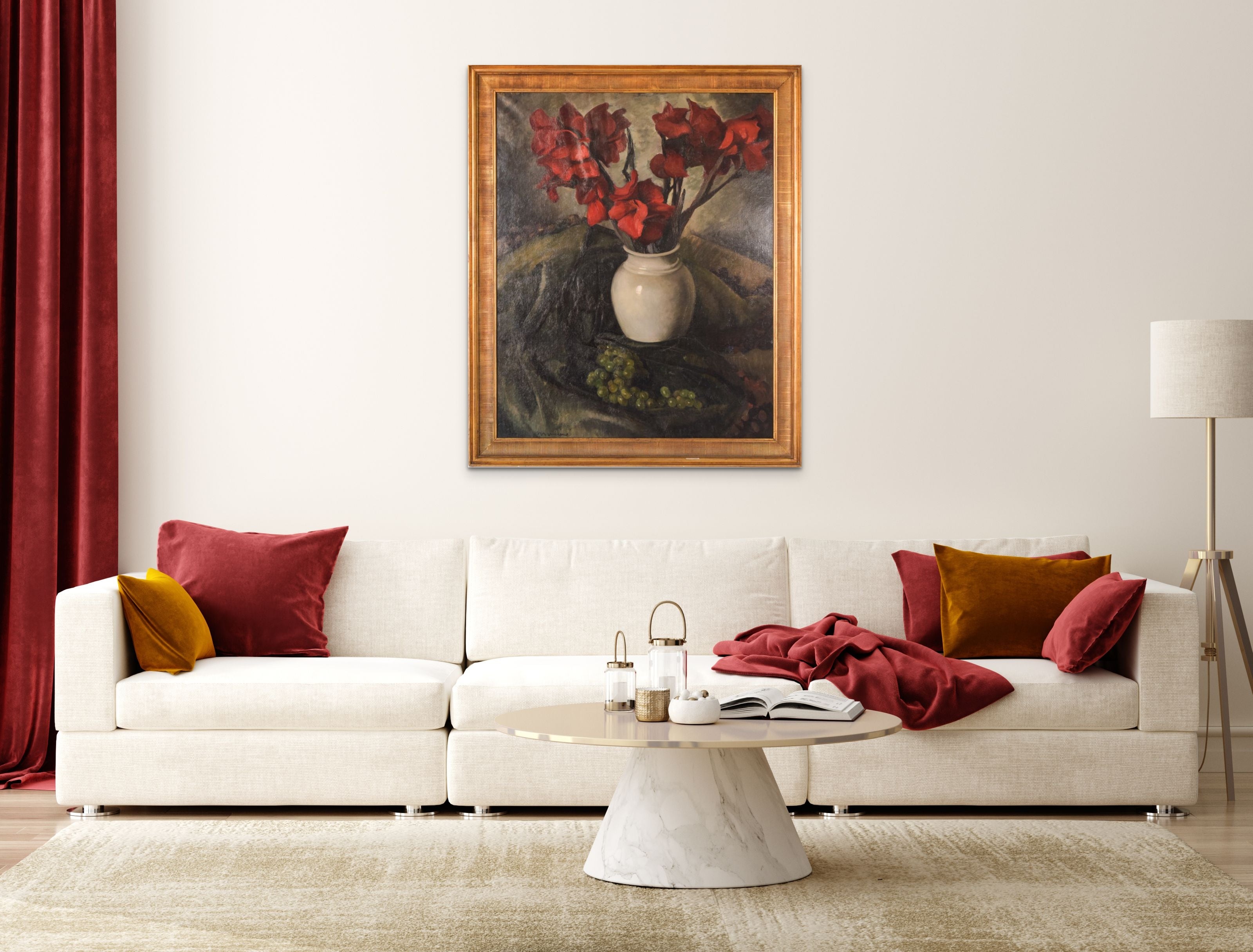 A painting of red flowers in a white vase on a table.