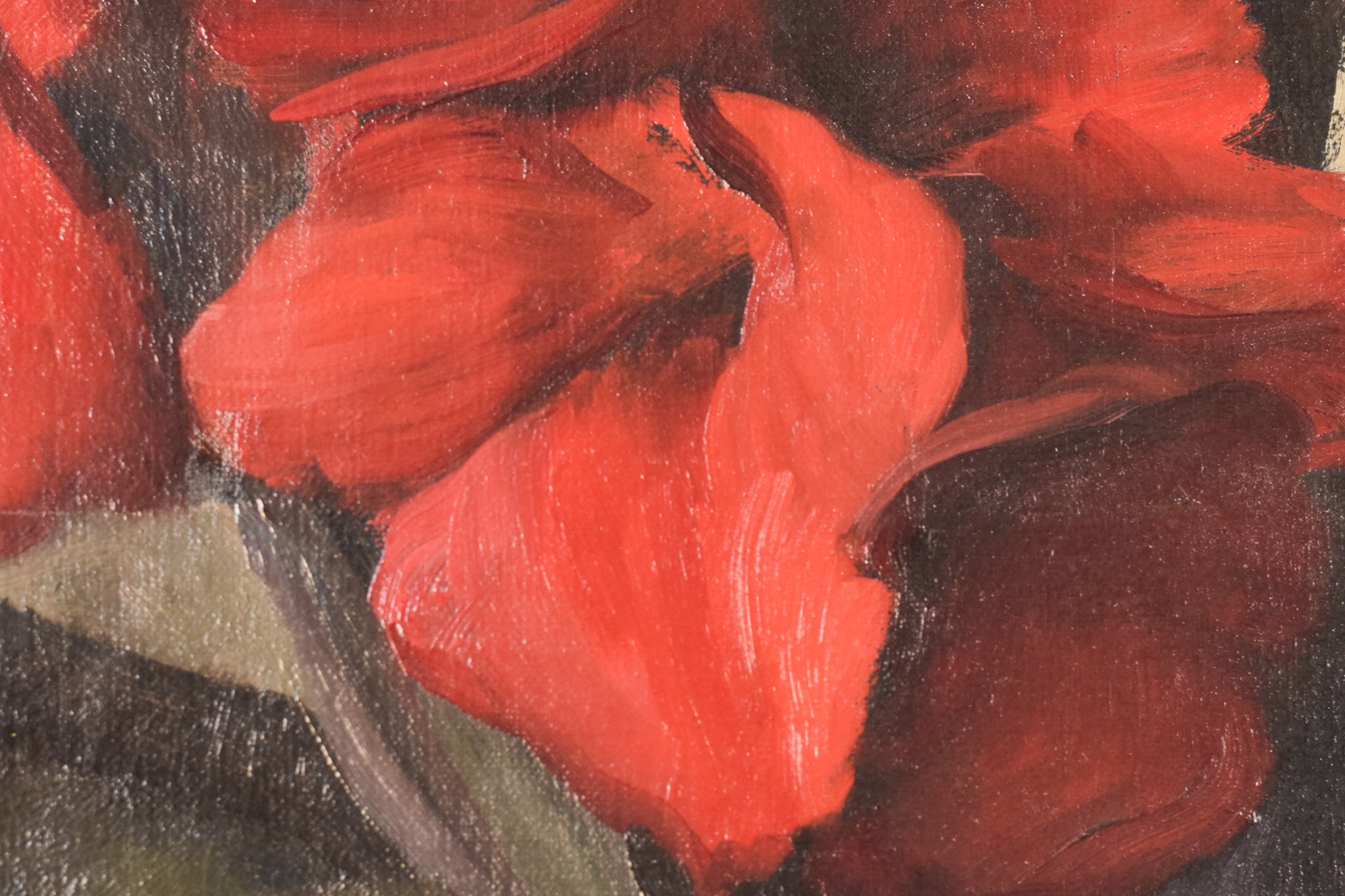 A painting of red flowers in a white vase on a table.