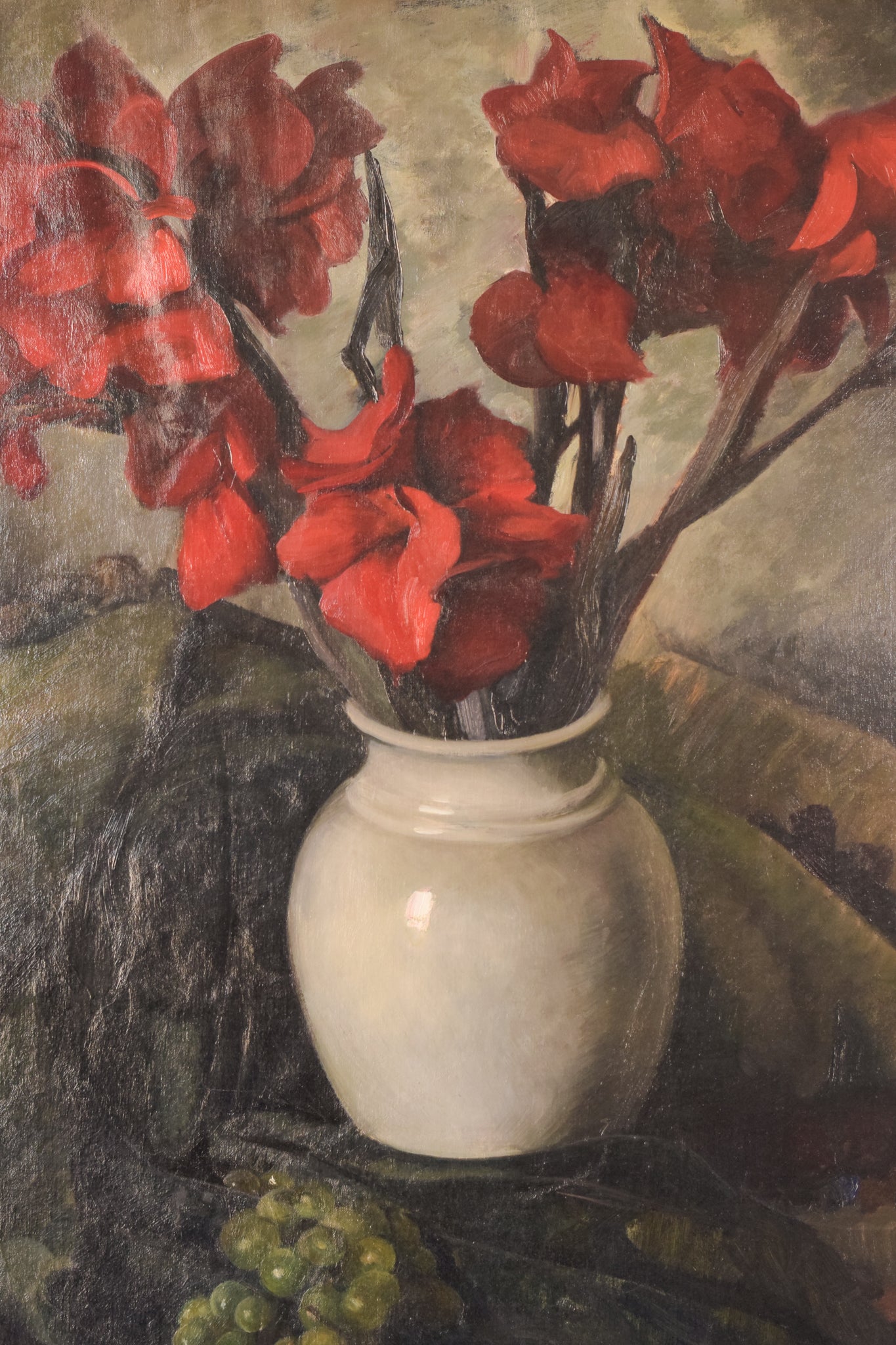 A painting of red flowers in a white vase on a table.