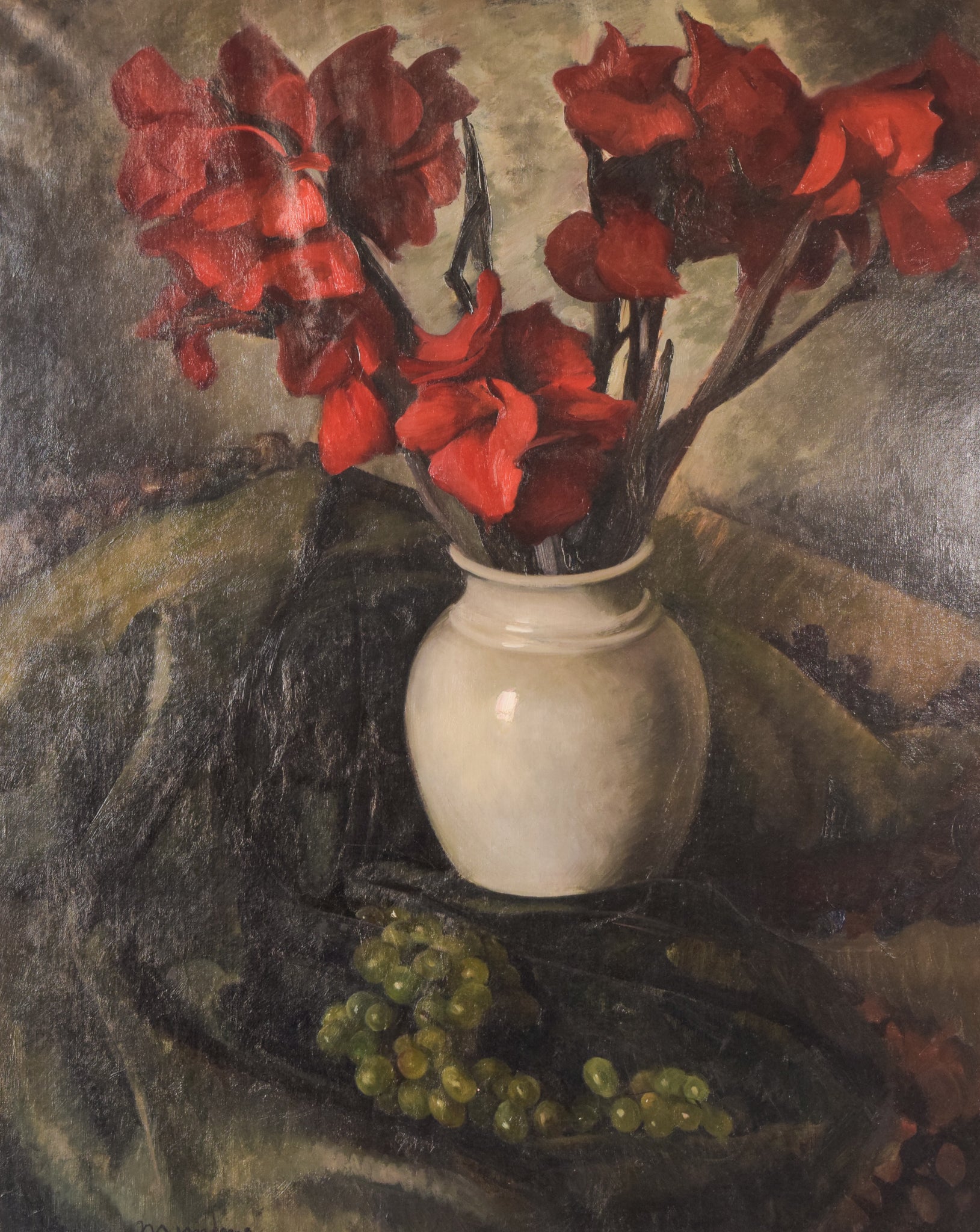 A painting of red flowers in a white vase on a table.
