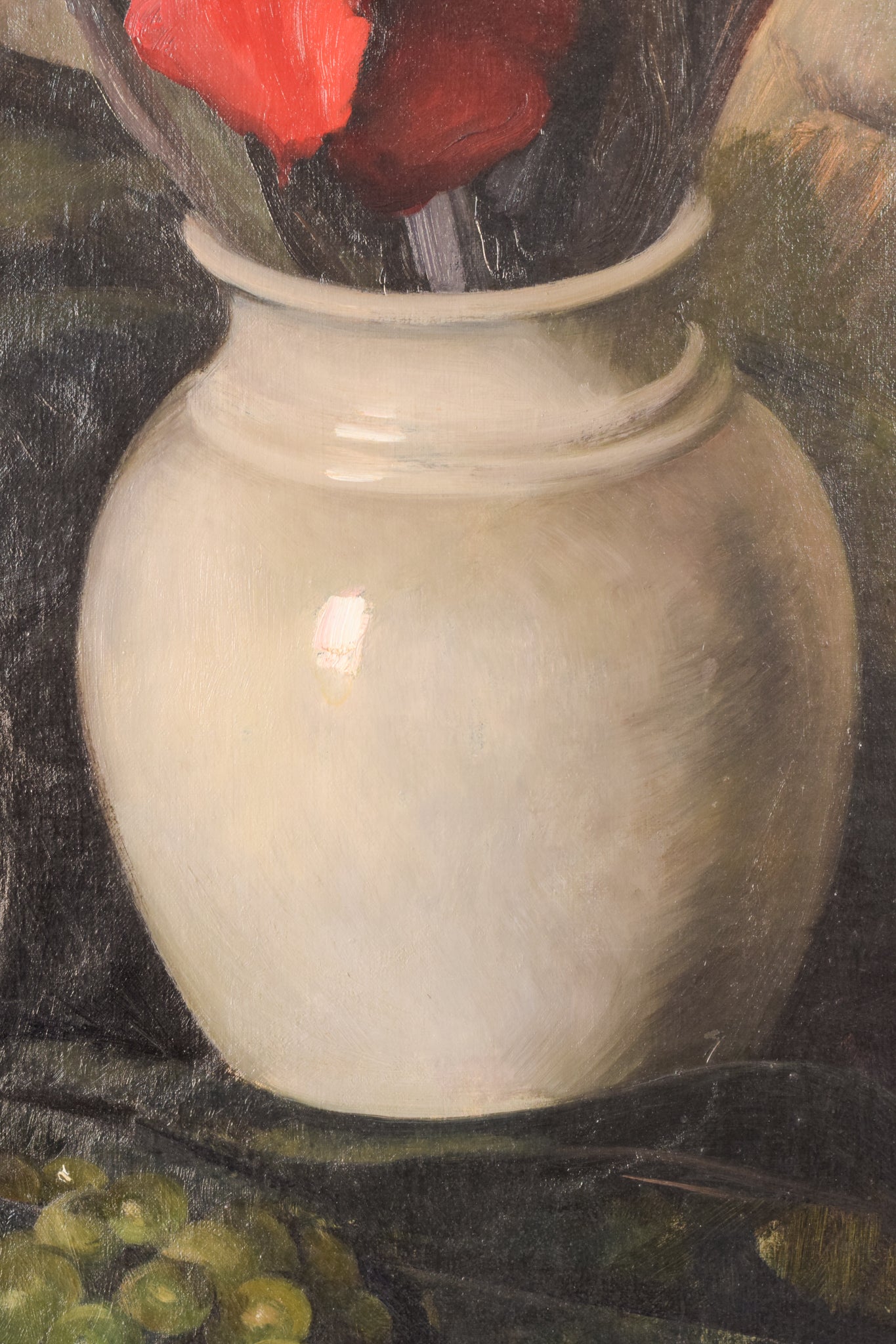 A painting of red flowers in a white vase on a table.