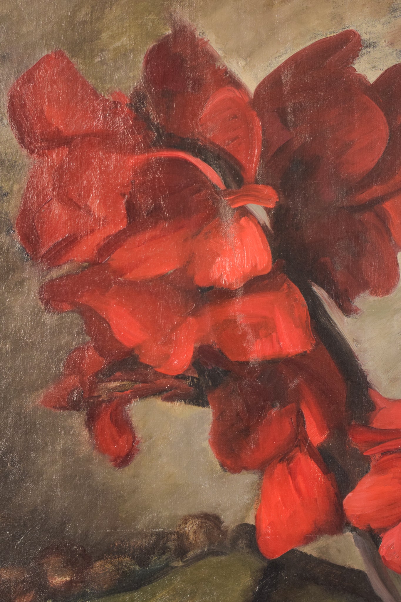 A painting of red flowers in a white vase on a table.