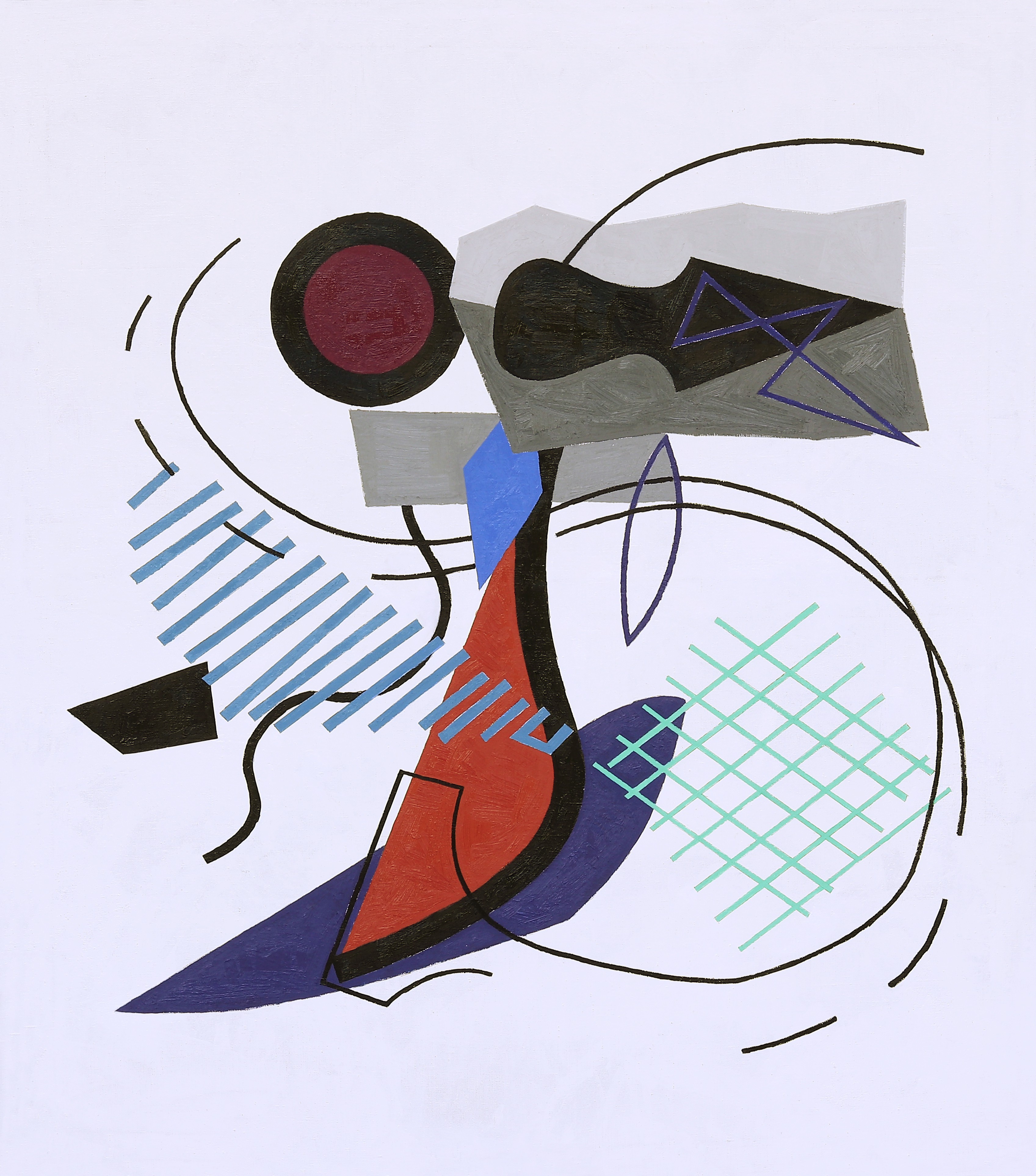 A dynamic abstract composition featuring layered geometric shapes and vibrant colors against a light background.