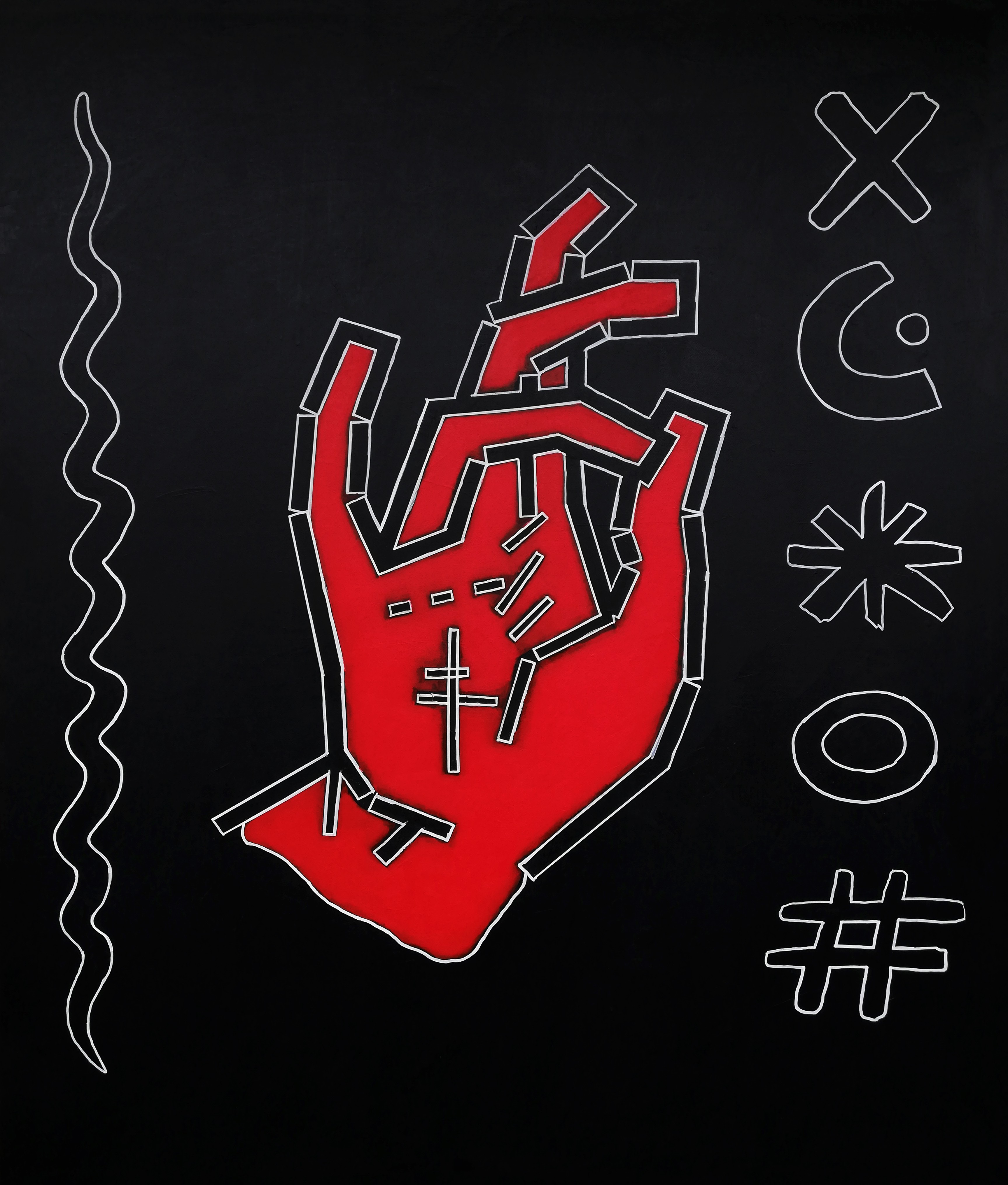 A red and black painting of a hand with a cross on it.