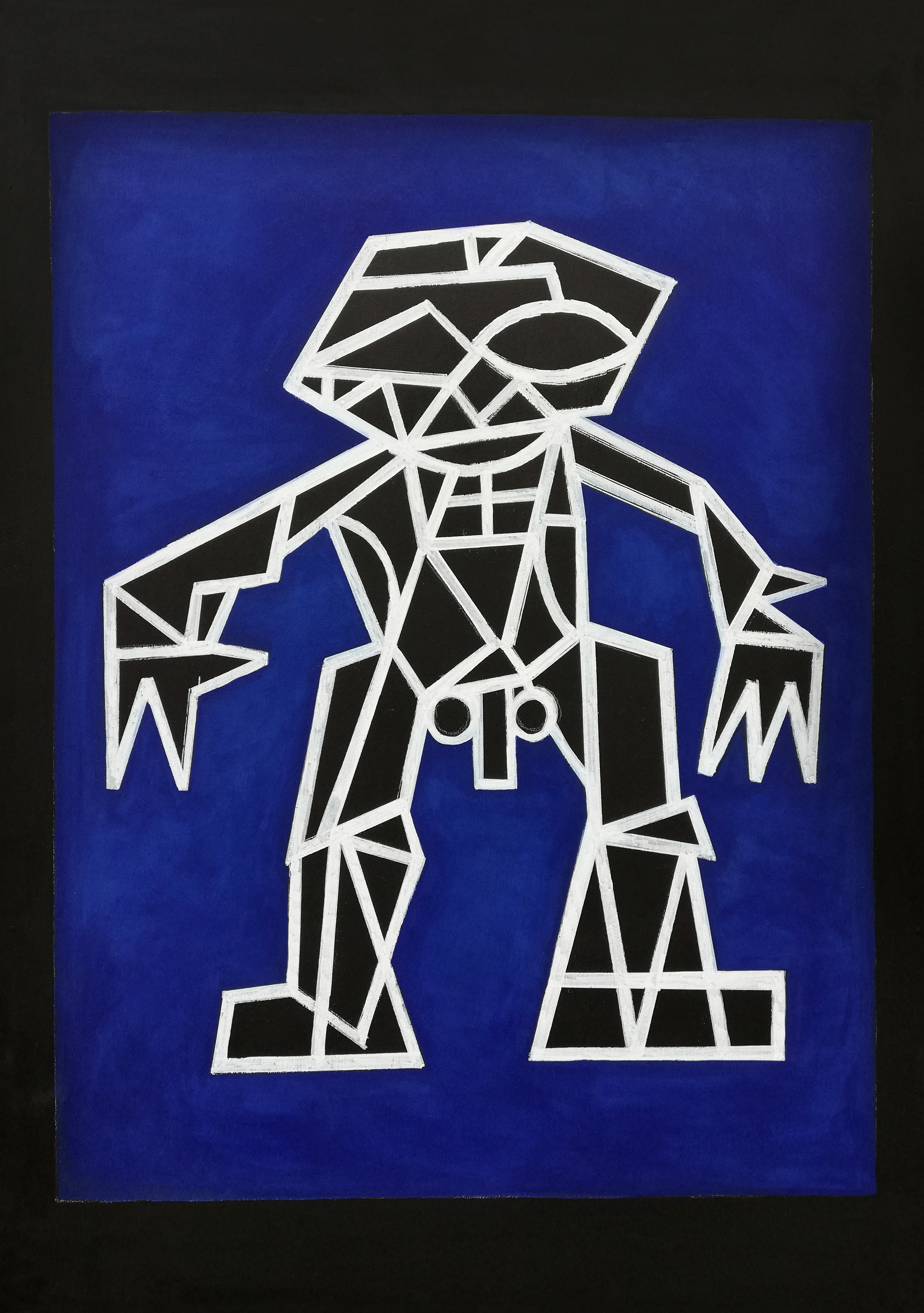 A black and white drawing of a robot on a blue background.