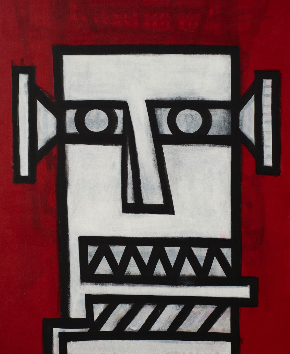 A painting of a face on a red background.