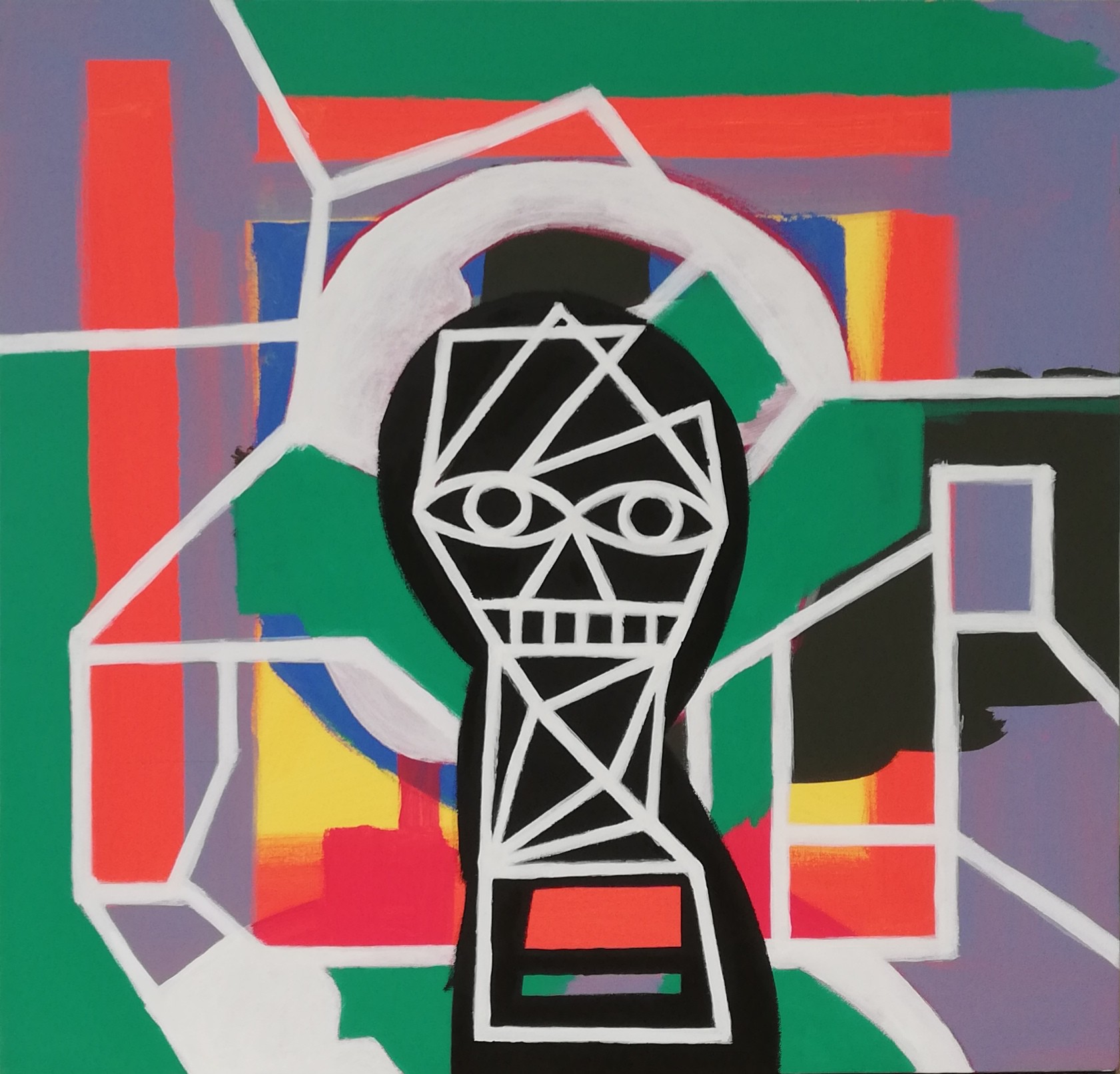 A geometric portrait of a stylized face set against a vibrant, fragmented background.