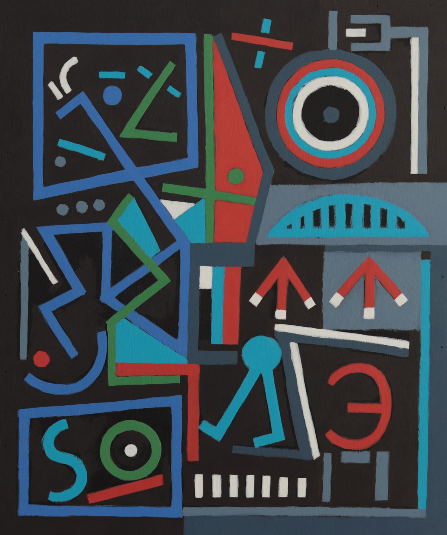 A colorful abstract composition featuring geometric shapes, arrows, and symbols on a dark background.