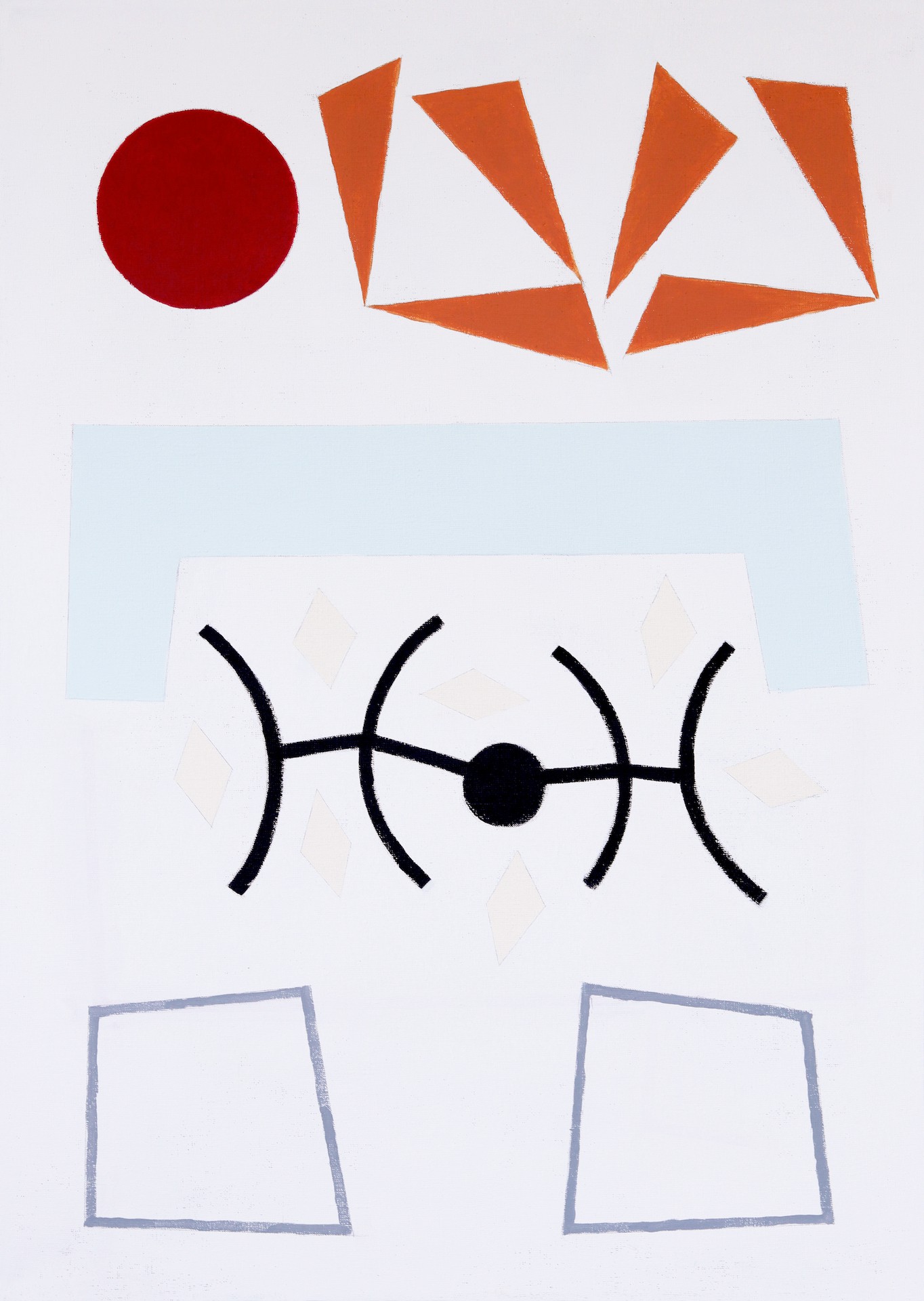 A geometric composition featuring a red circle, orange triangles, and abstract black line drawings on a white background.