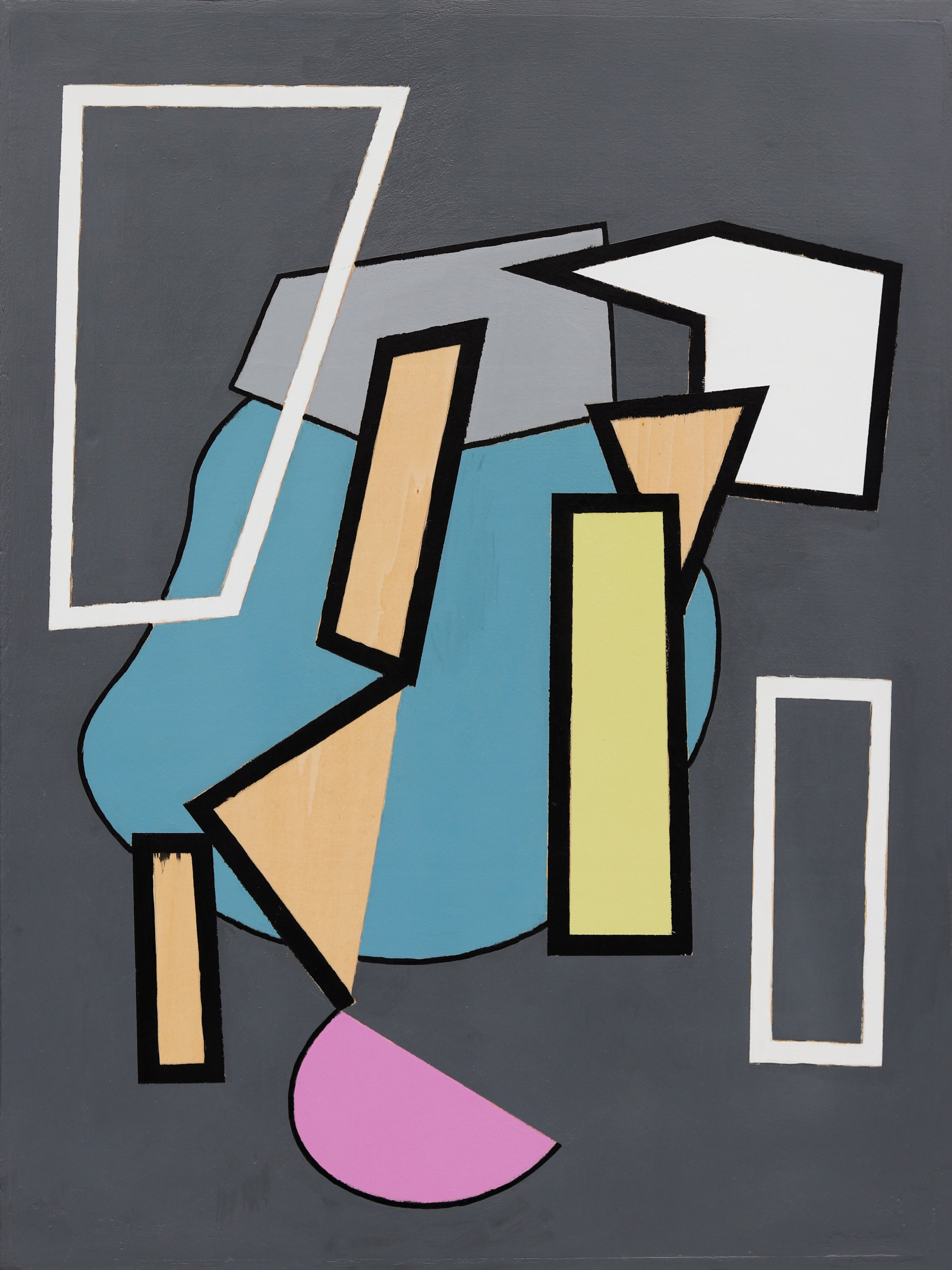 A painting of a blue, yellow, pink, and black abstract painting on a gray background.