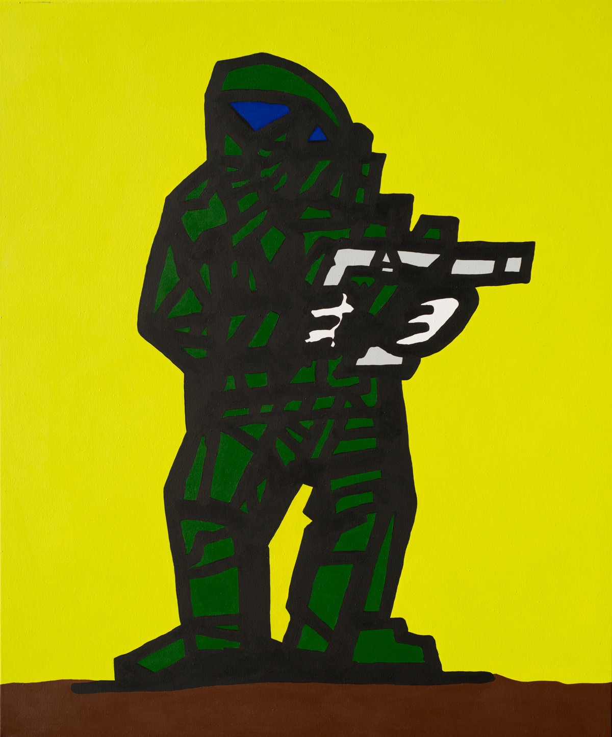 A painting of a man holding a gun on a yellow background.