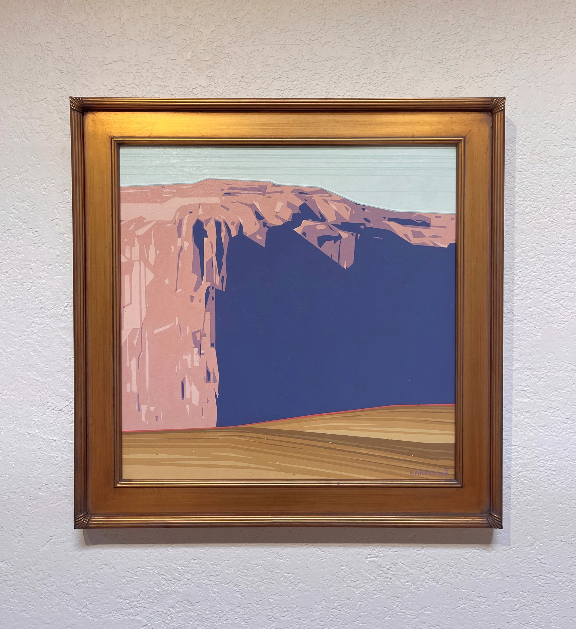 A painting of a desert landscape with a mountain in the background.