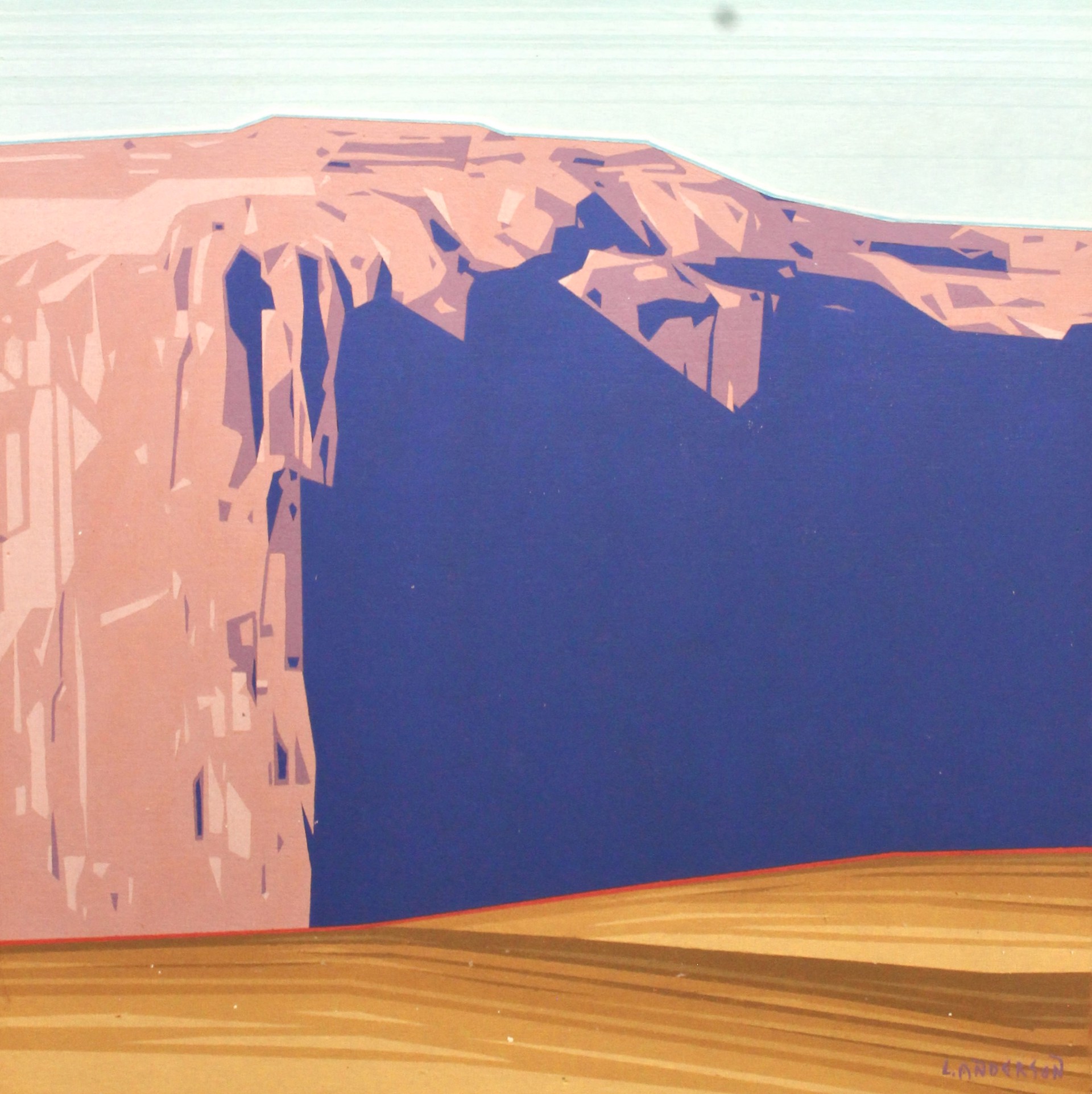 A painting of a desert landscape with a mountain in the background.