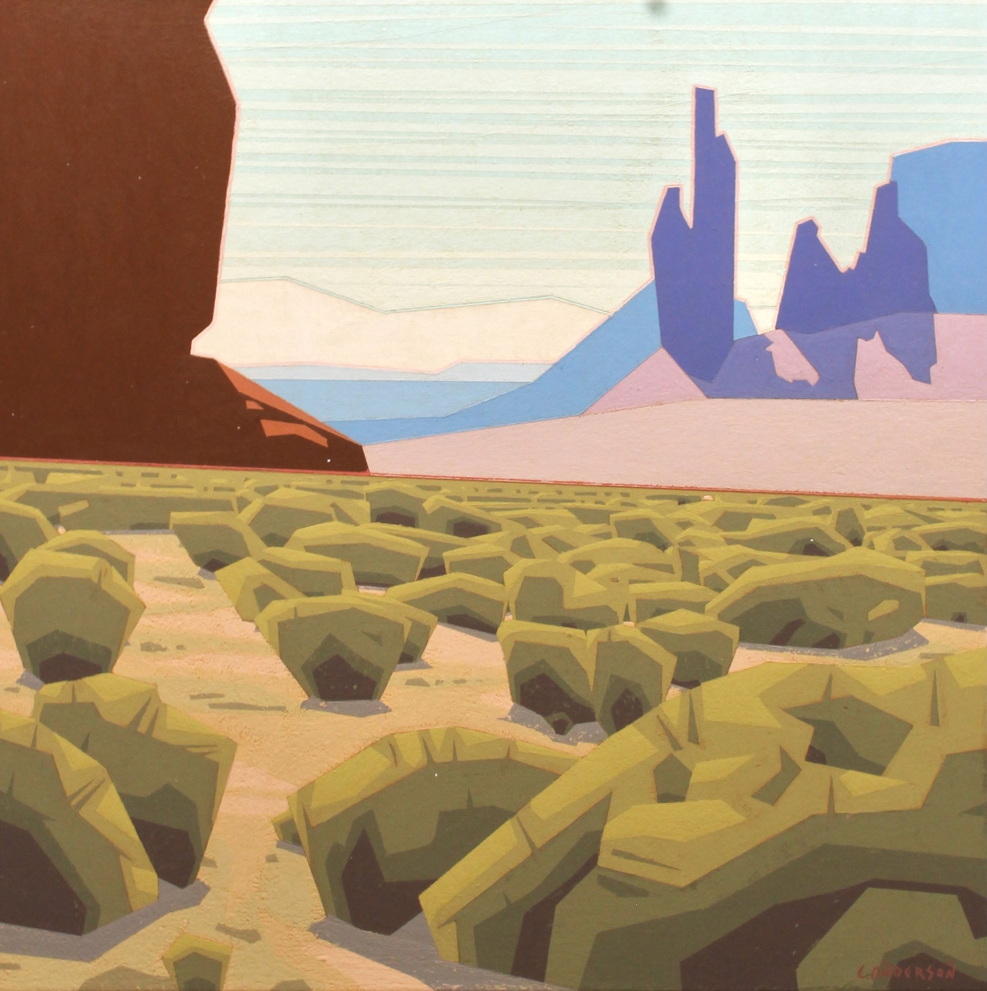 A stylized desert landscape with a low-poly aesthetic, featuring jagged green rocks in the foreground and distant purple rock formations under a pale sky.