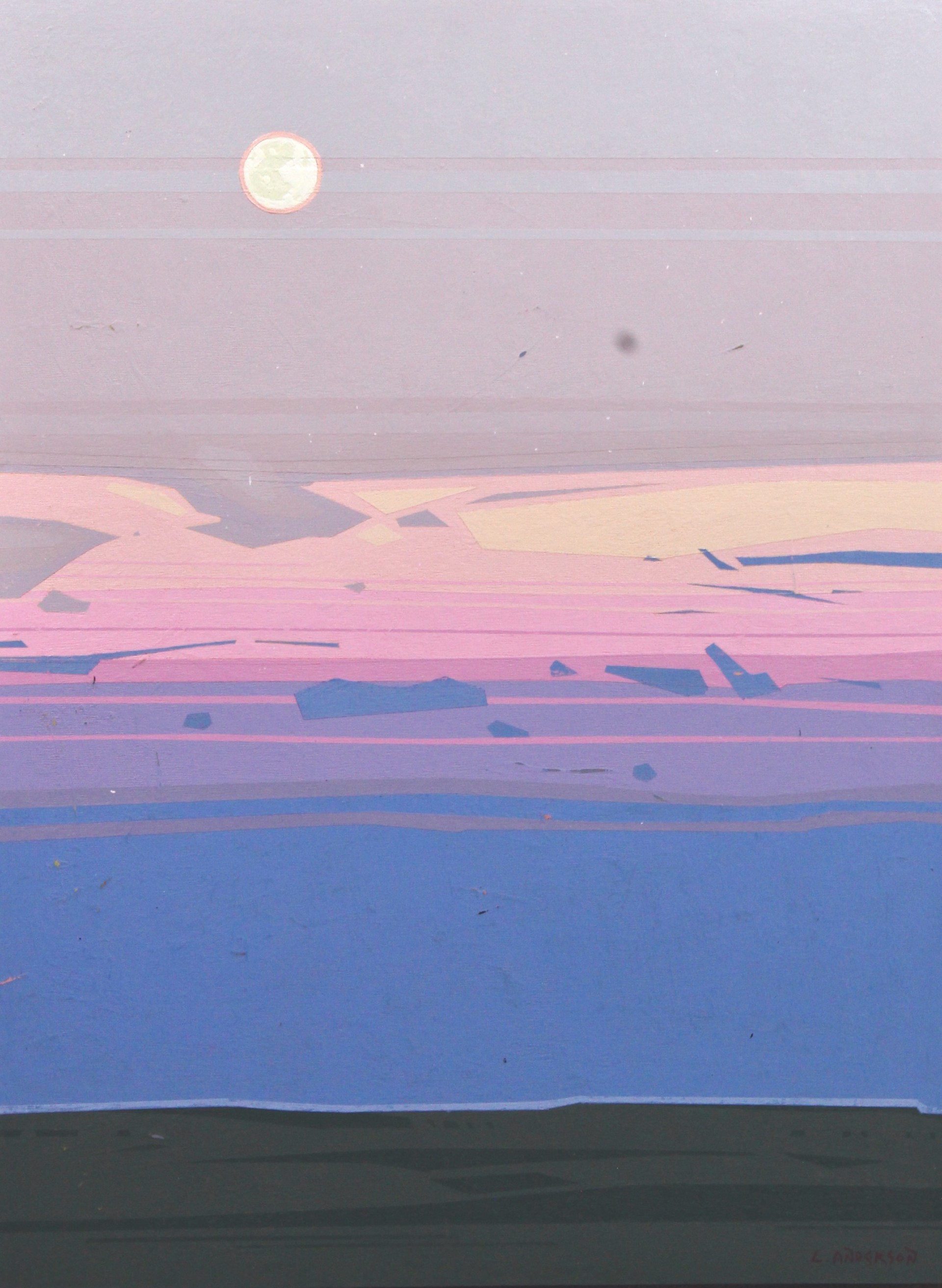 A painting of a sunset over a body of water.
