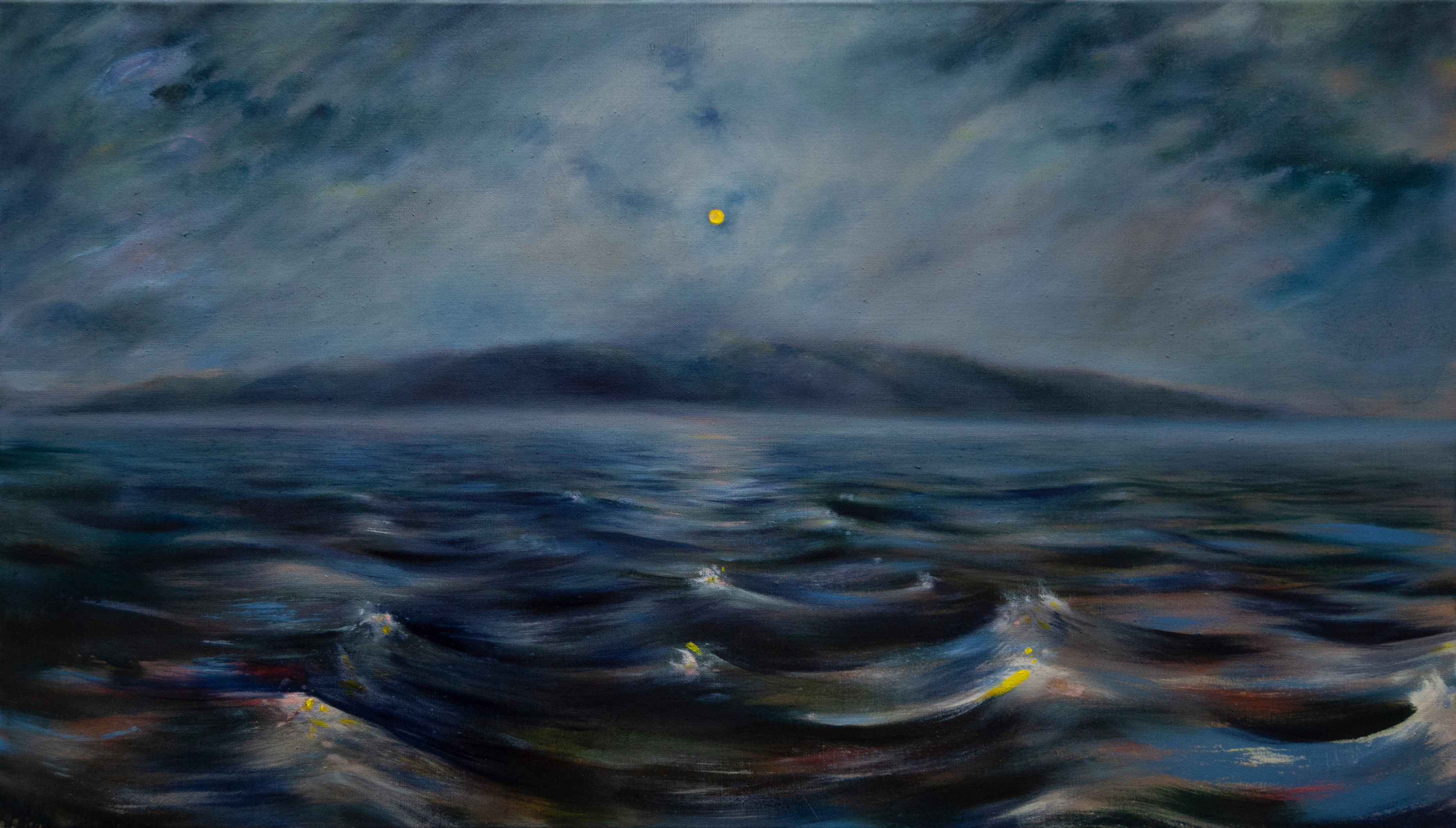 A painting of a full moon over a body of water.