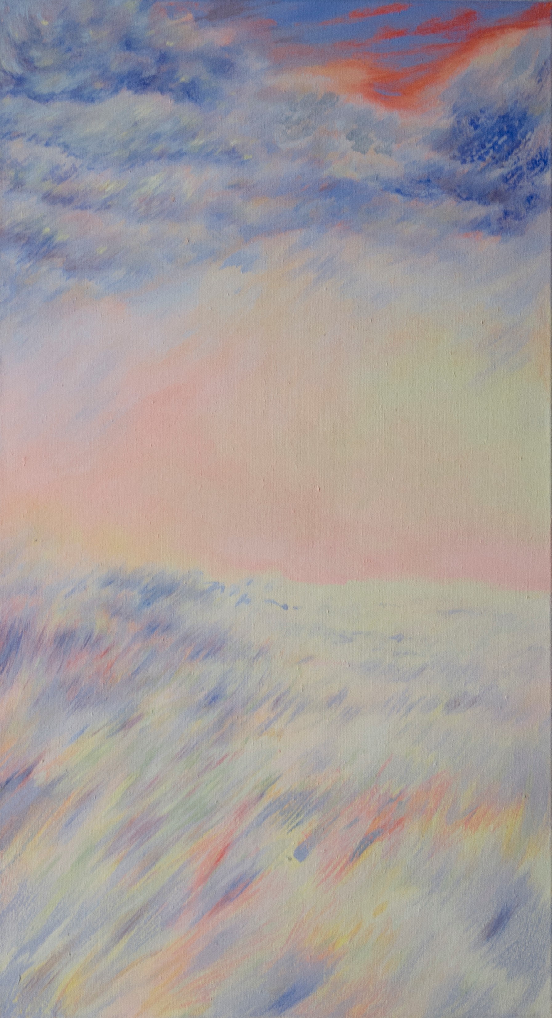 A painting of a sunset over a field of grass.