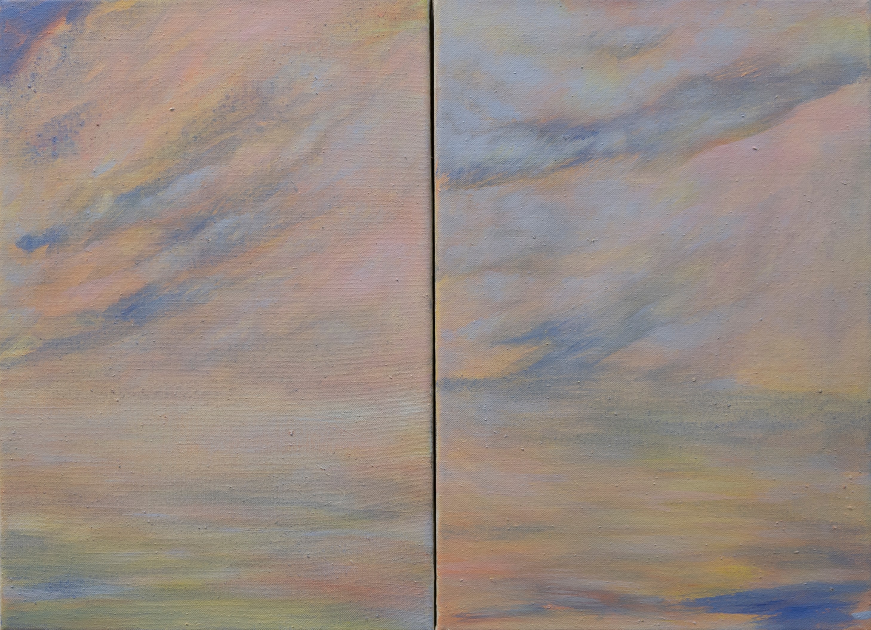 A painting of two paintings of a sunset over a body of water.