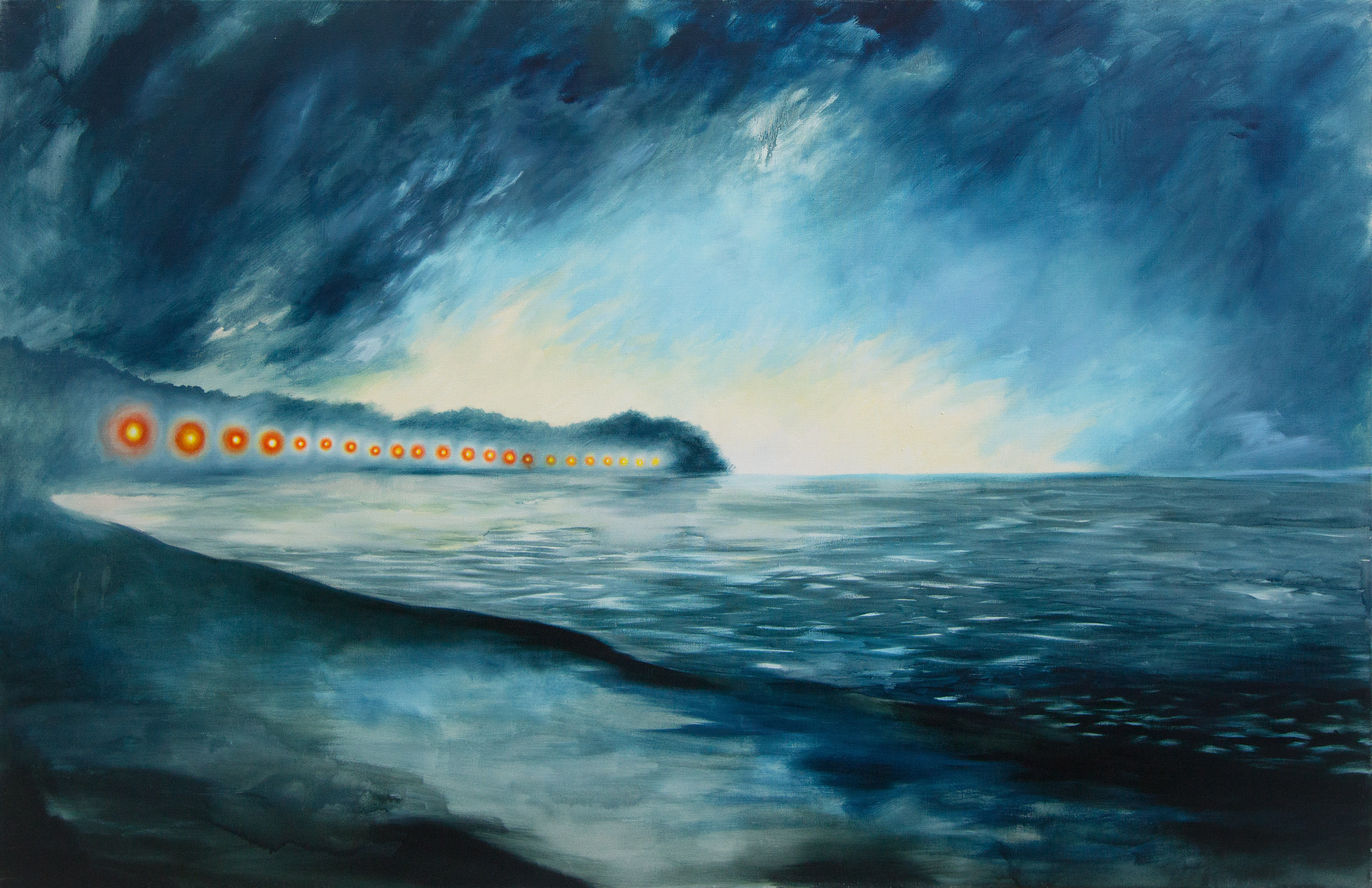 A painting of a stormy sky over a body of water.