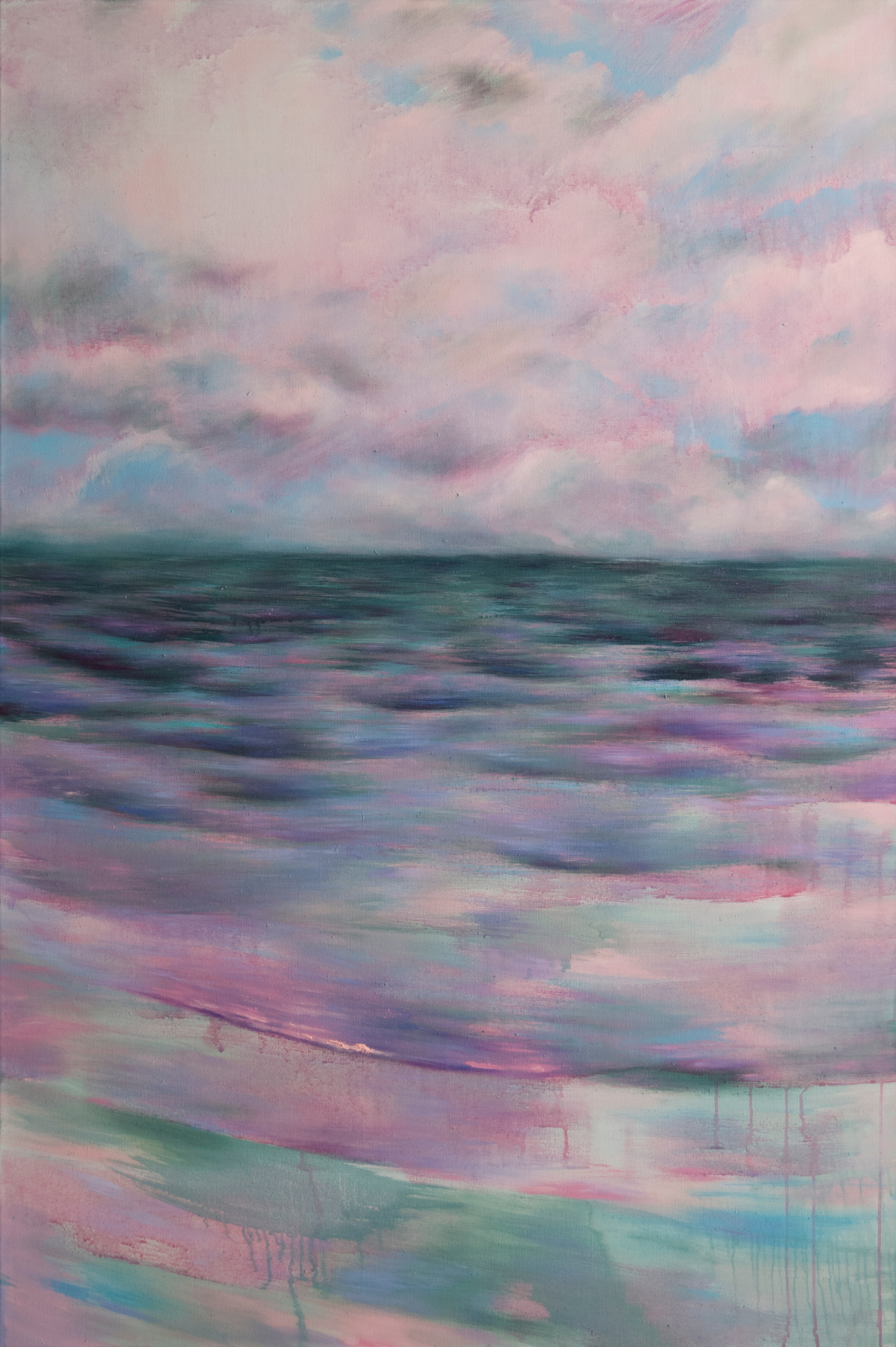 A painting of a pink and blue sky over the ocean.