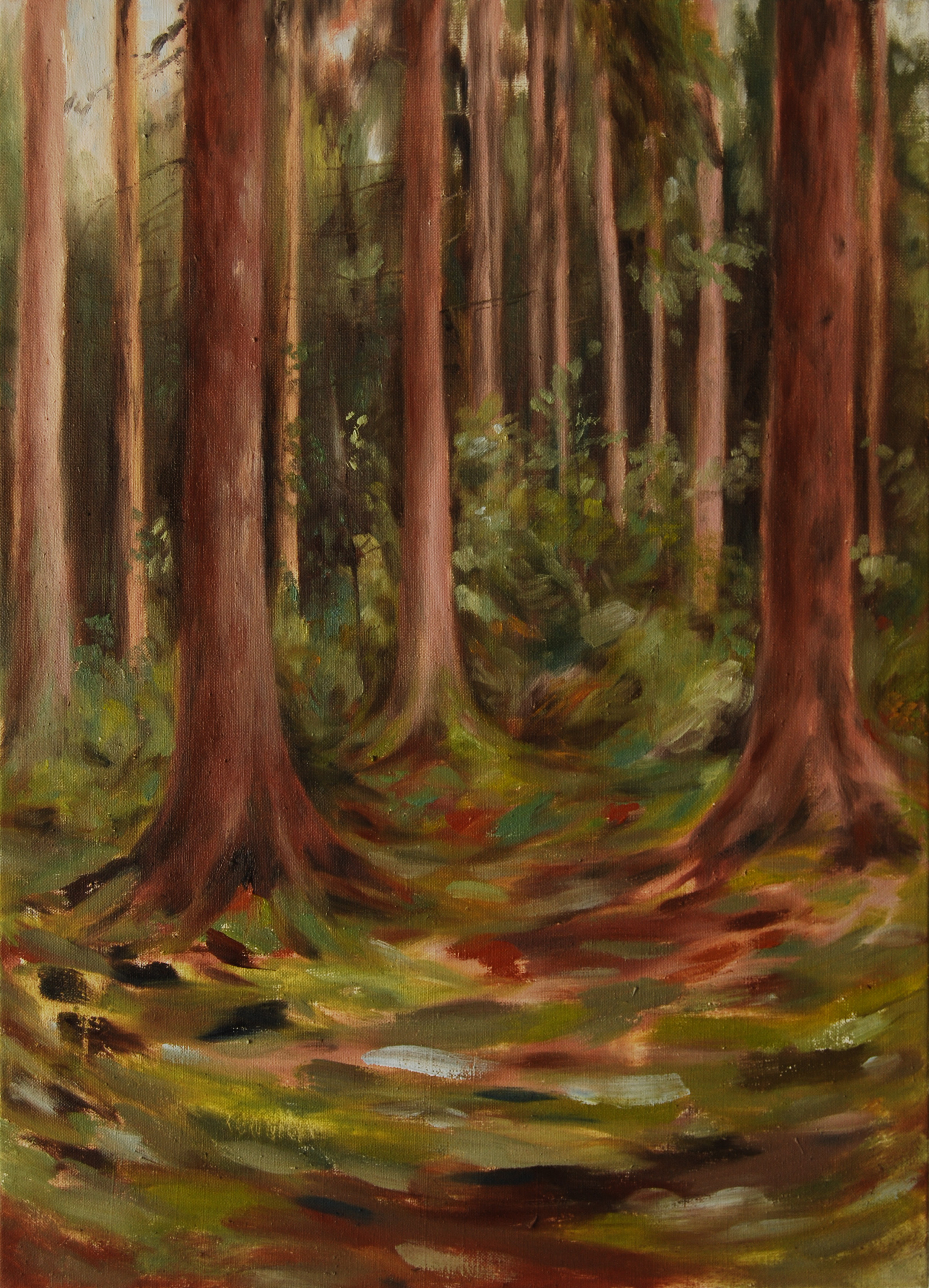 A painting of a forest with trees in the background.