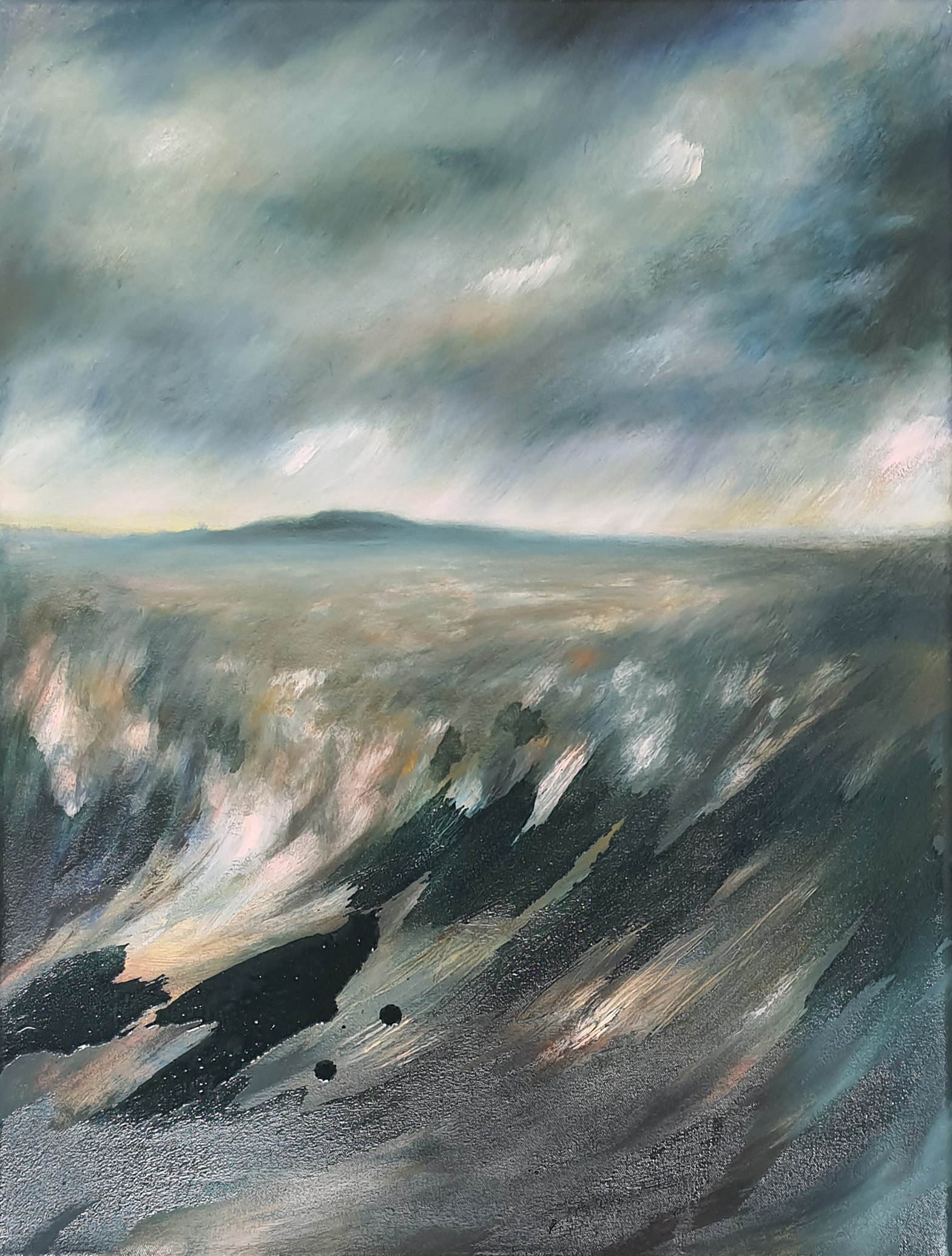 A painting of a cloudy sky over a body of water.