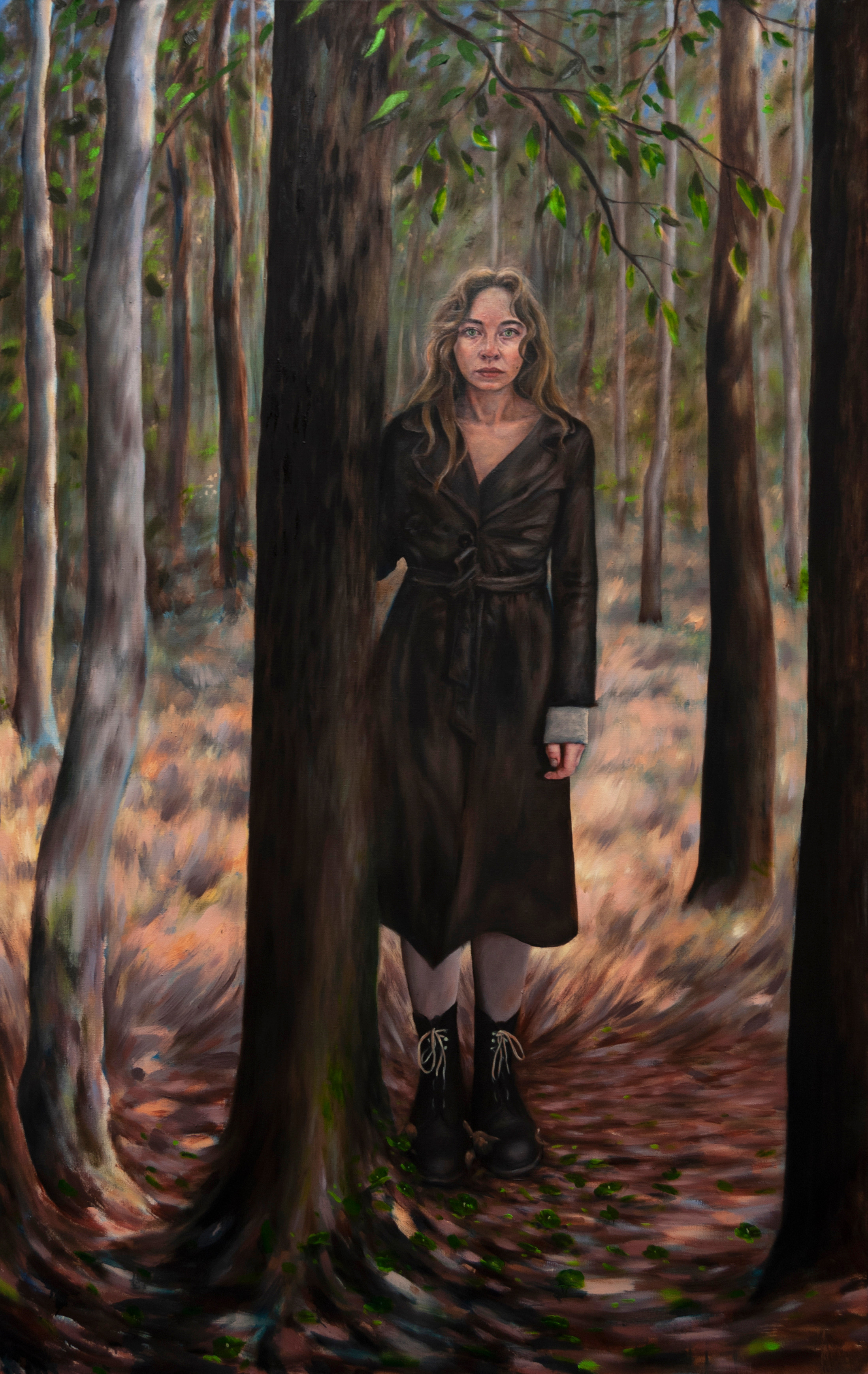 A painting of a woman standing in the woods.