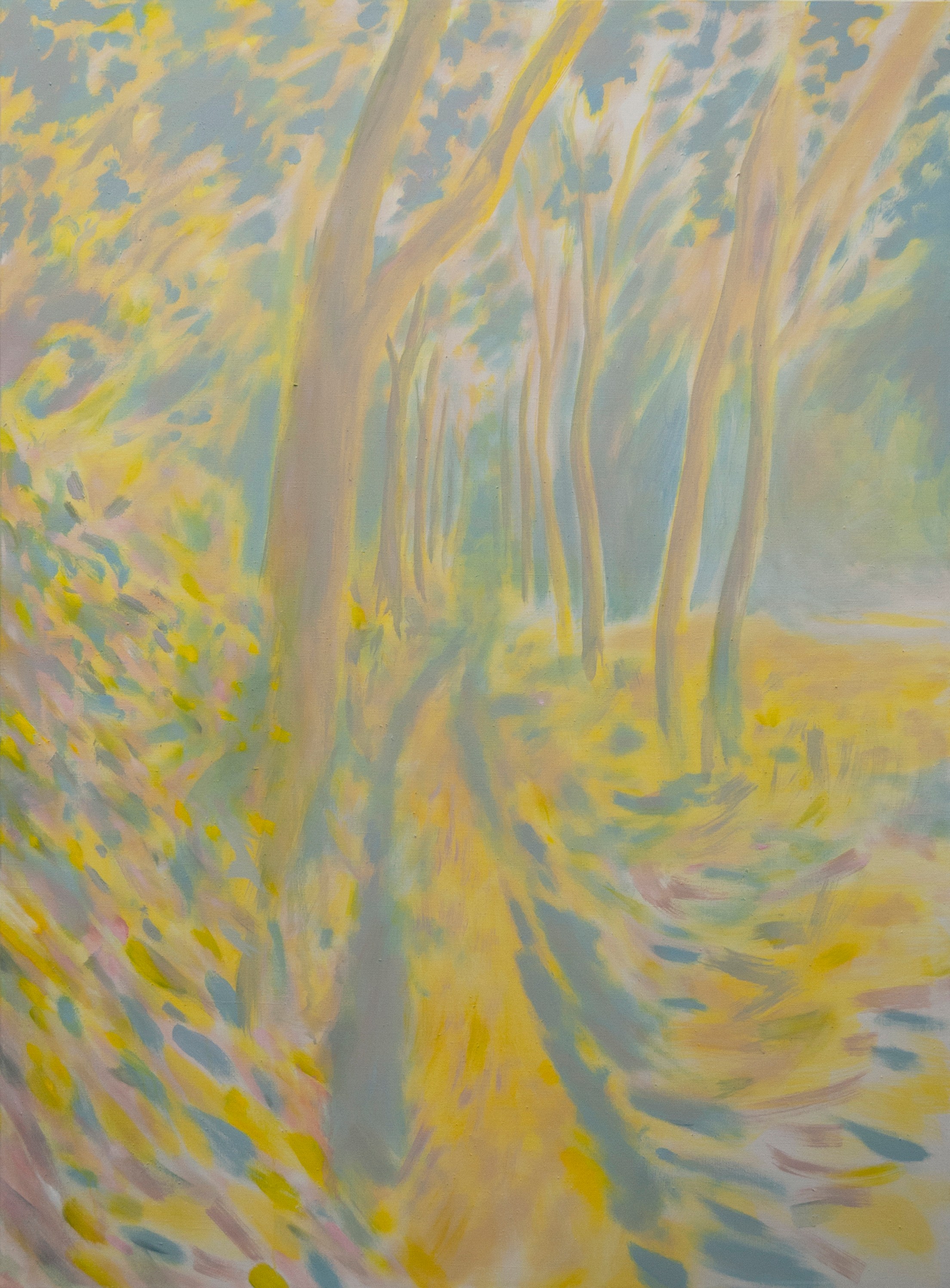 A painting of a path through a forest with trees in the background.