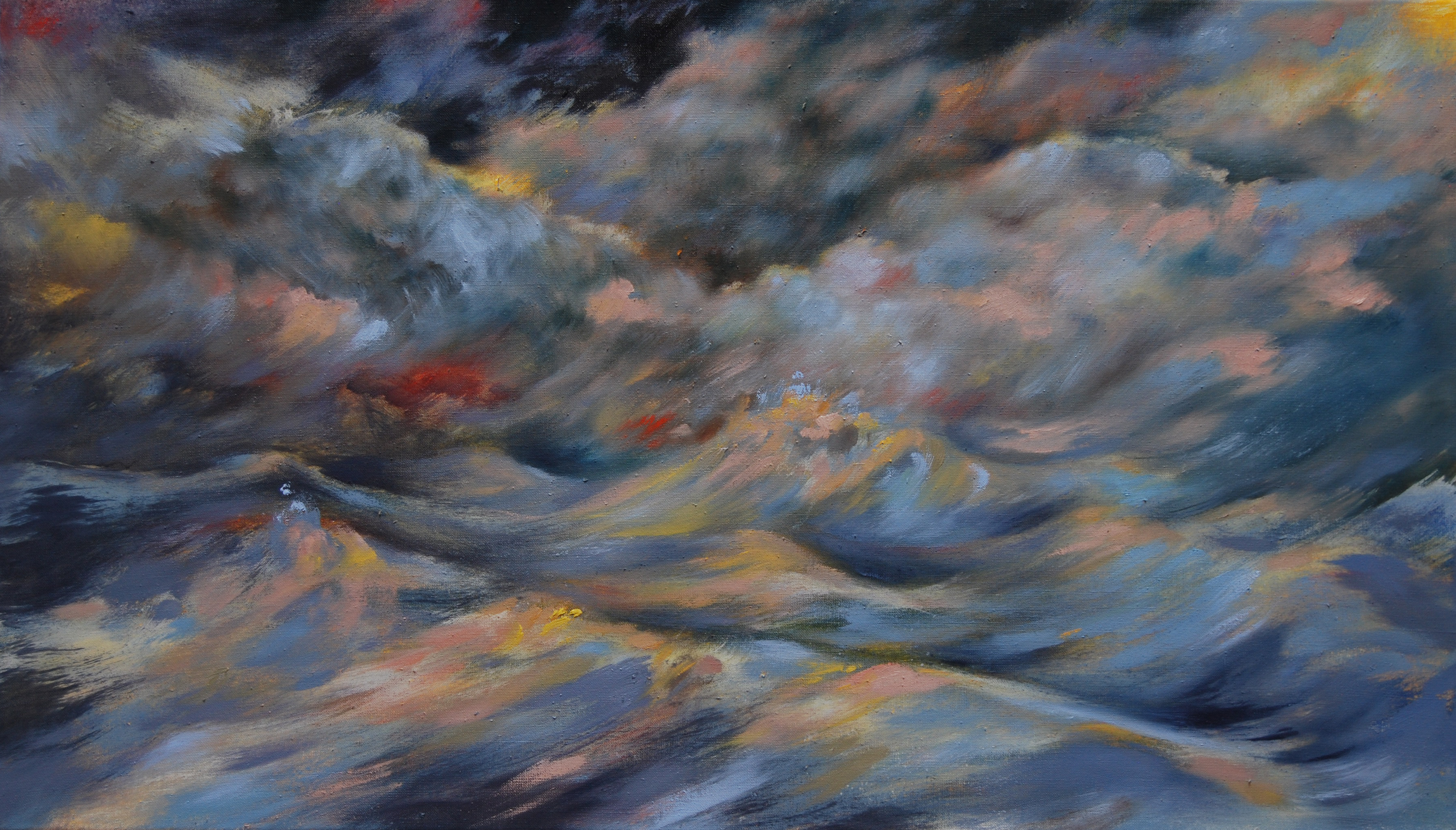 A painting of a cloudy sky over a body of water.