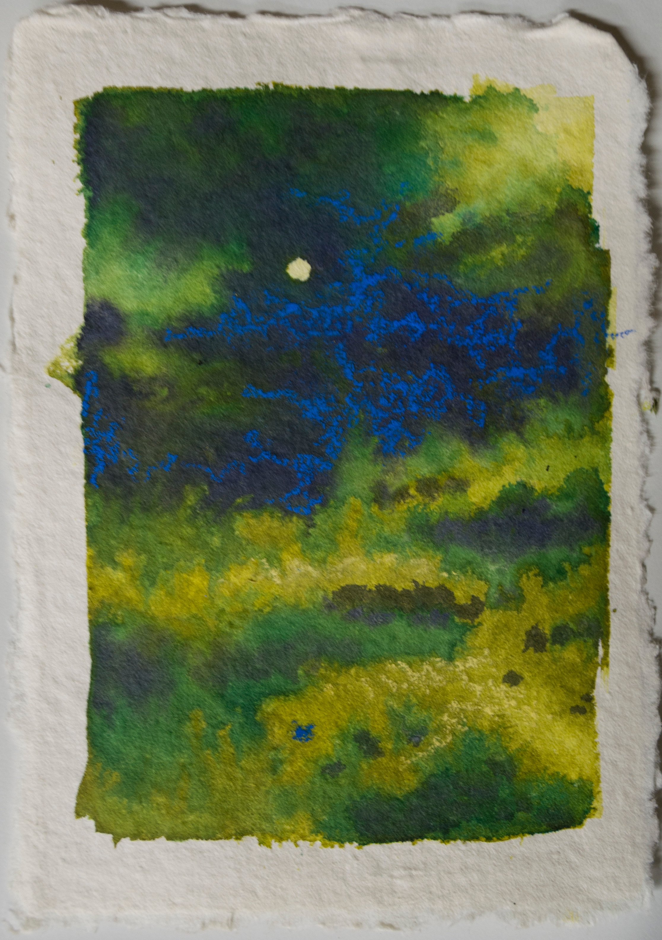 A watercolor painting of a green and blue landscape.