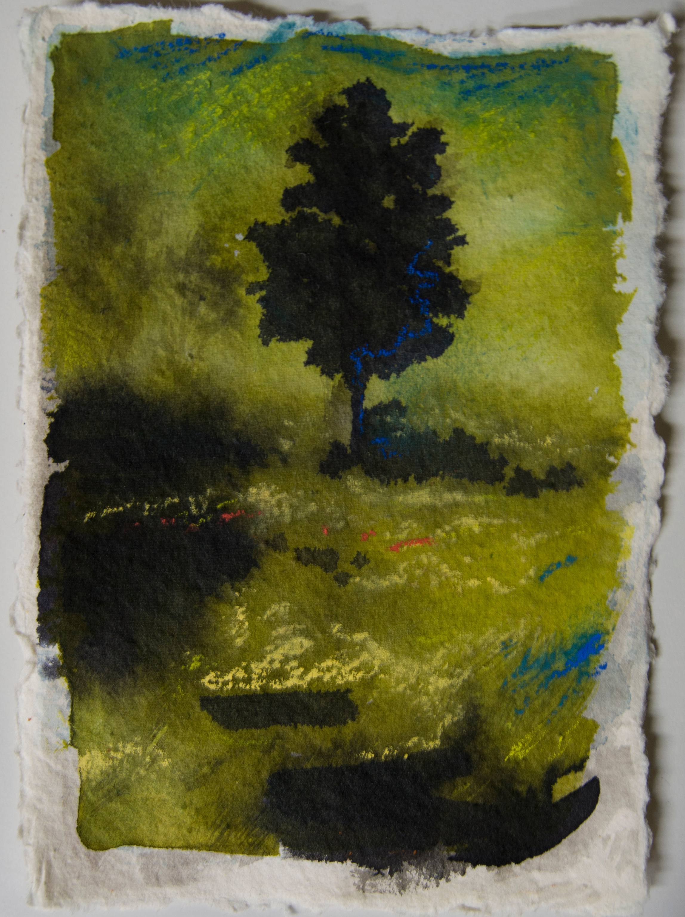 A painting of a tree in the middle of a field.