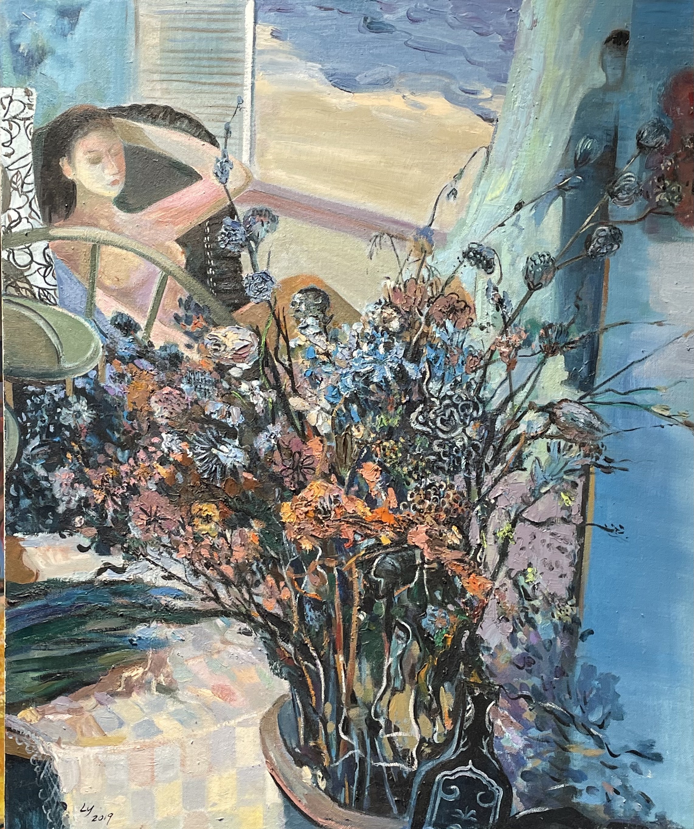 A painting of a vase of flowers sitting on a table.