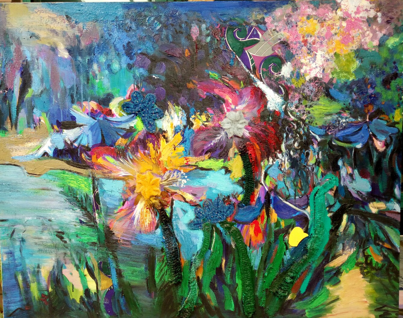 A vibrant, abstract floral scene bursting with bold colors and expressive brushwork.