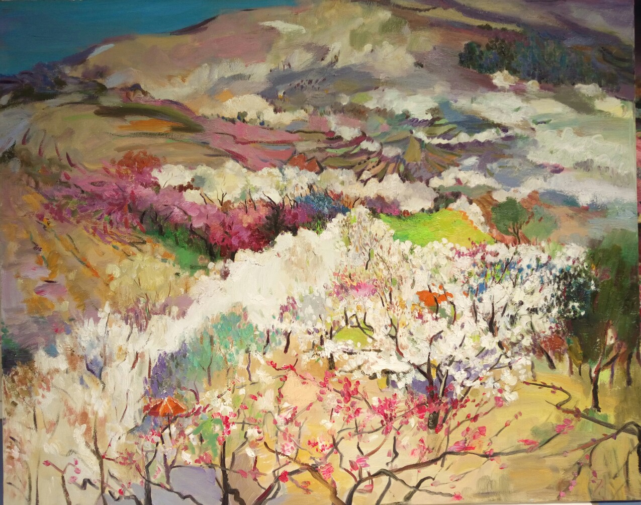 A vibrant landscape painting of a hillside covered in blooming trees.