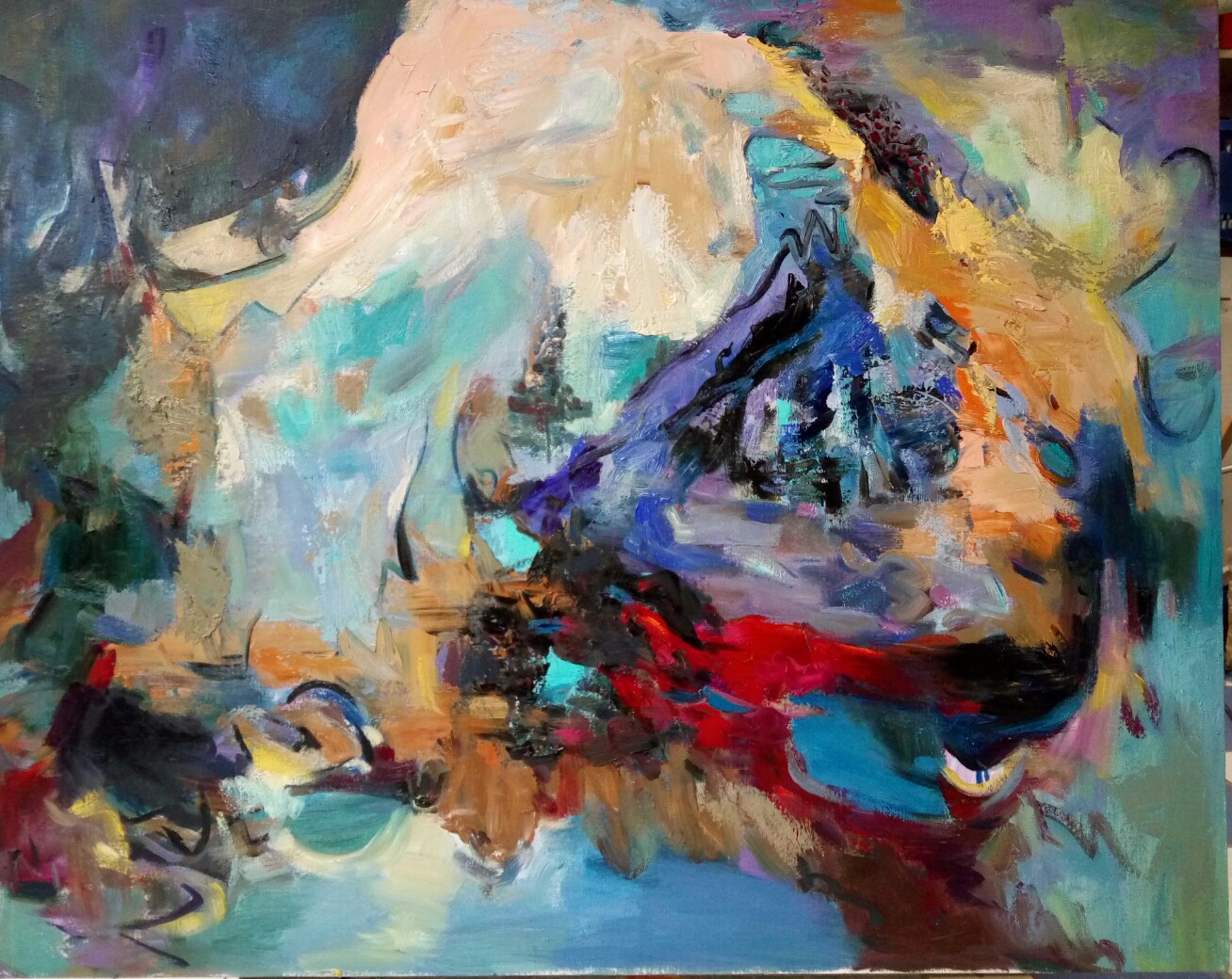 An abstract expressionist painting featuring a dynamic, swirling composition of bold colors and thick impasto technique.