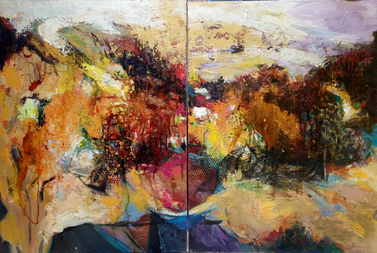 A vibrant, abstract landscape painting featuring bold brushstrokes and a rich autumnal palette.