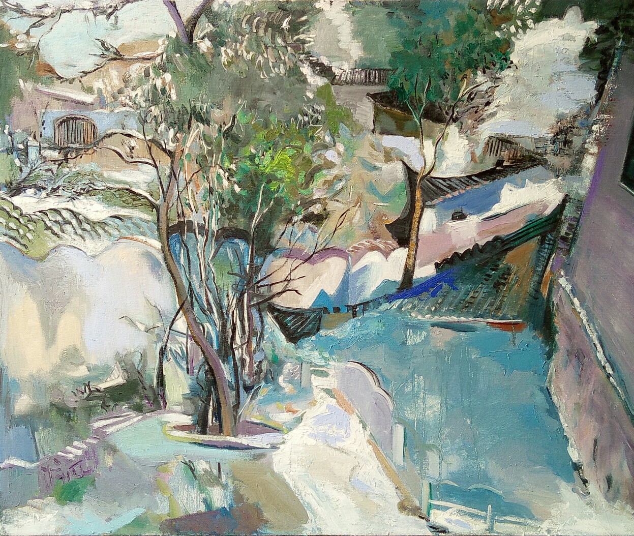 A painting of a snowy landscape with trees in the foreground.
