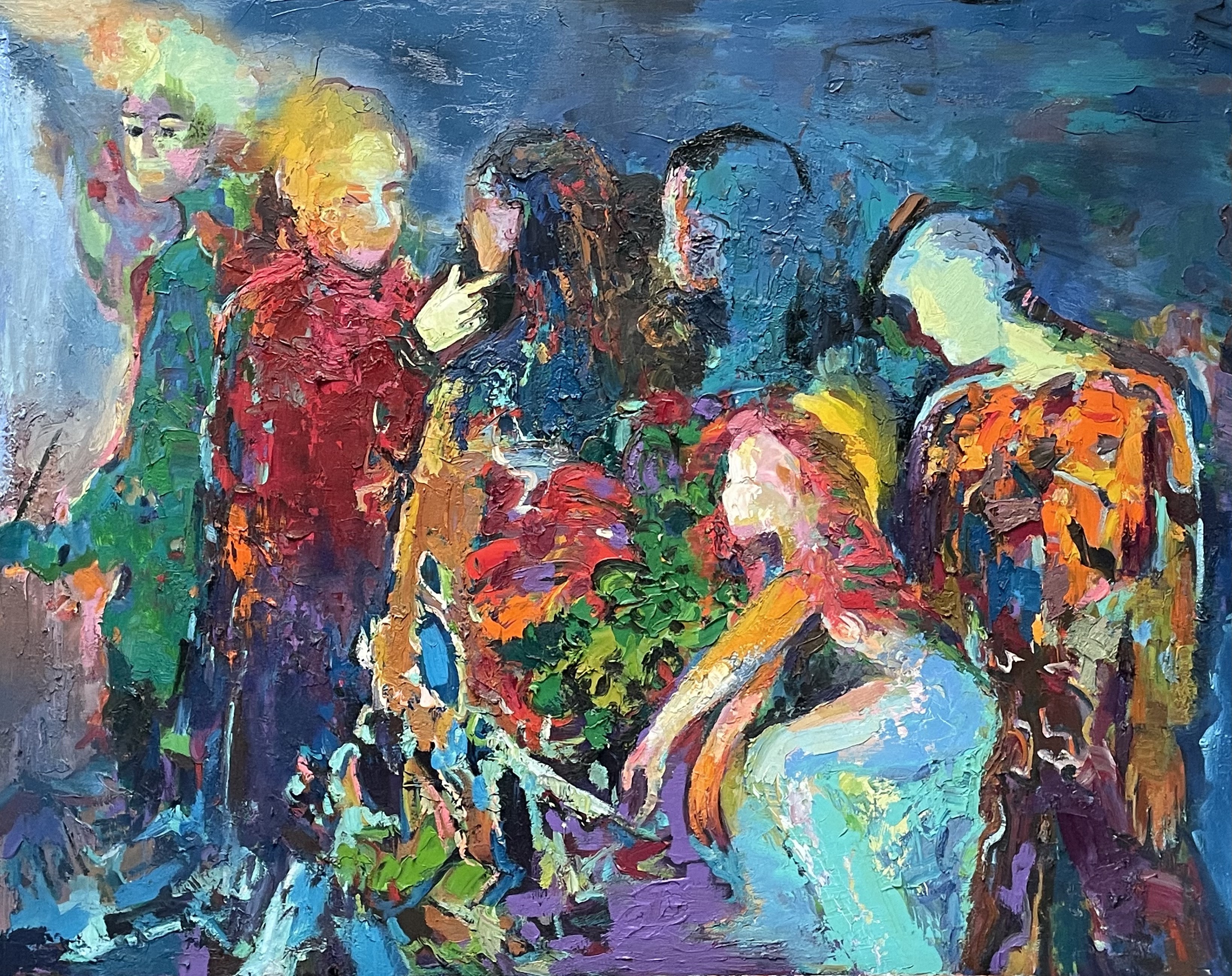 A painting of a group of people sitting around a table.