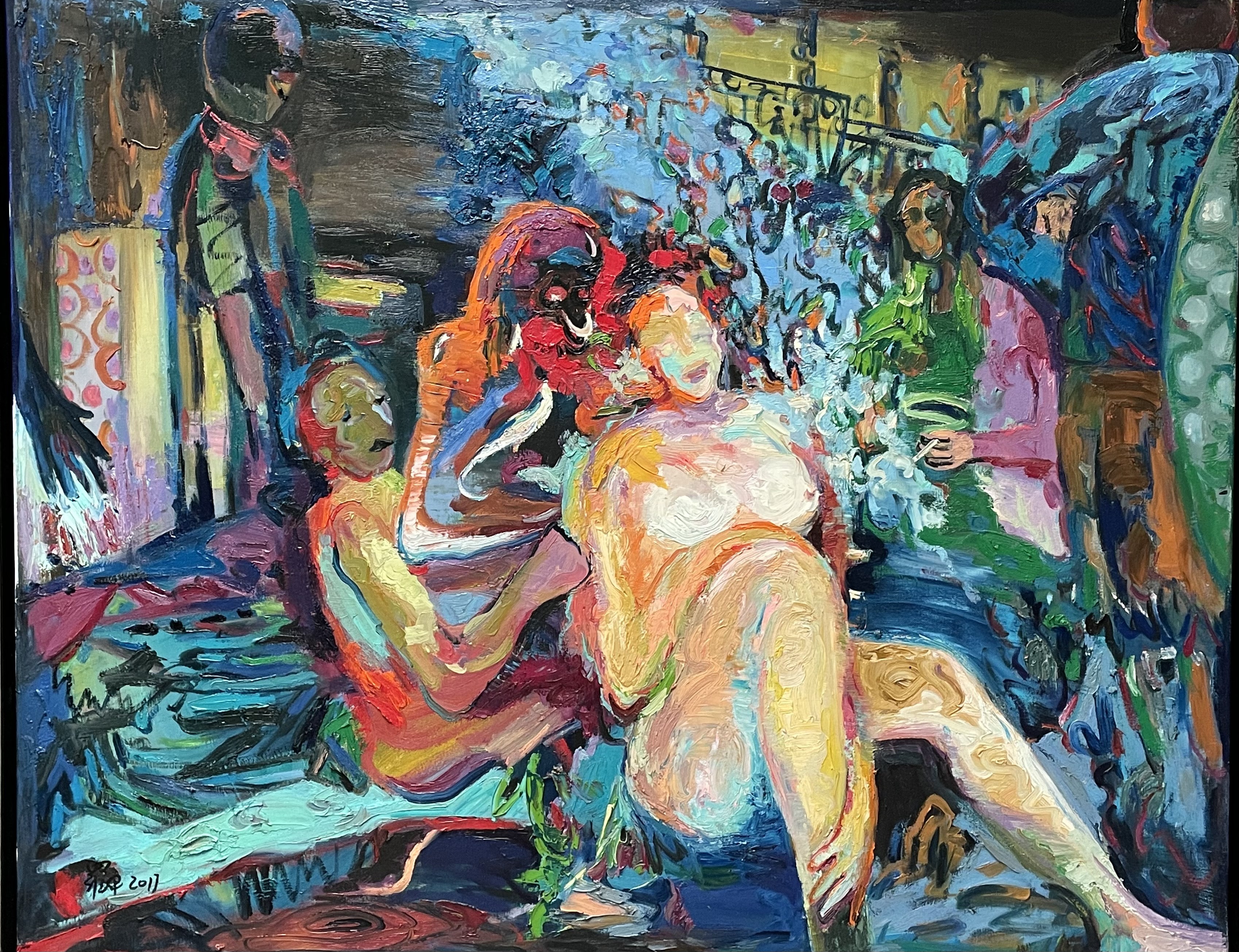 A painting of a group of people sitting on a couch.