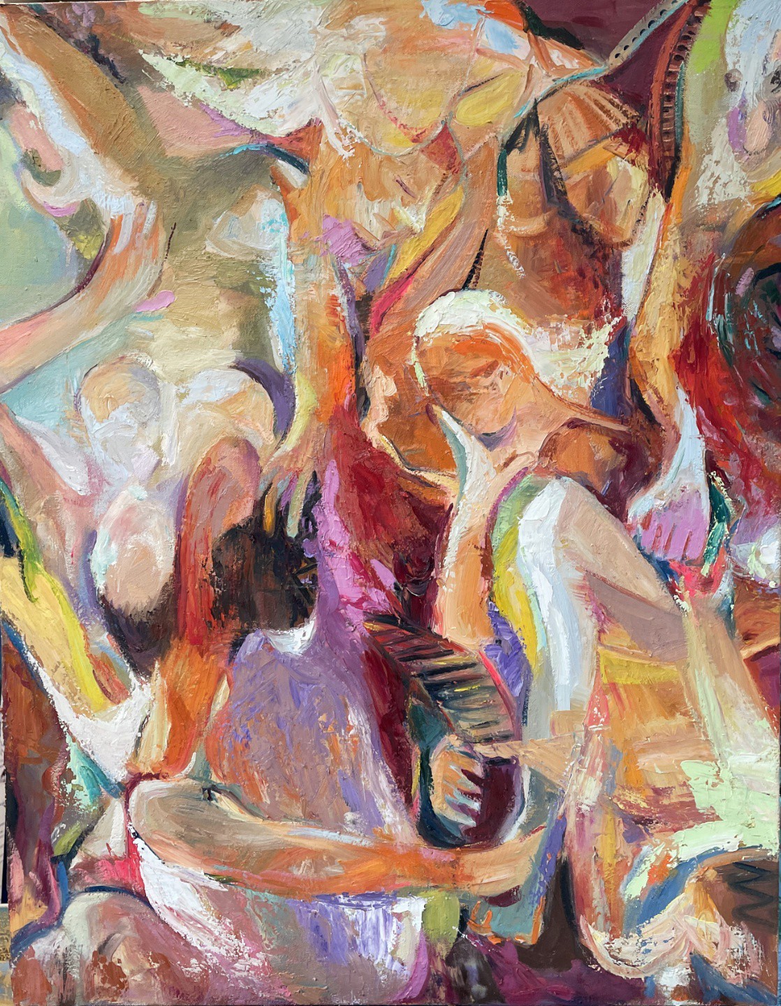 A vibrant, abstract expressionist painting of a group of figures in a musical setting.